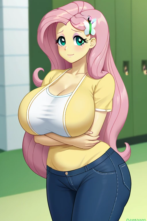((best quality)), ((highly detailed)), masterpiece, (detailed eyes, deep eyes), (1girl), dynamic angle, cowboy shot, mlpfluttershy, pink hair, hair ornament, blue eyes, green bathrobe, slight smile (beautiful living room, afternoon), (gigantic breasts)