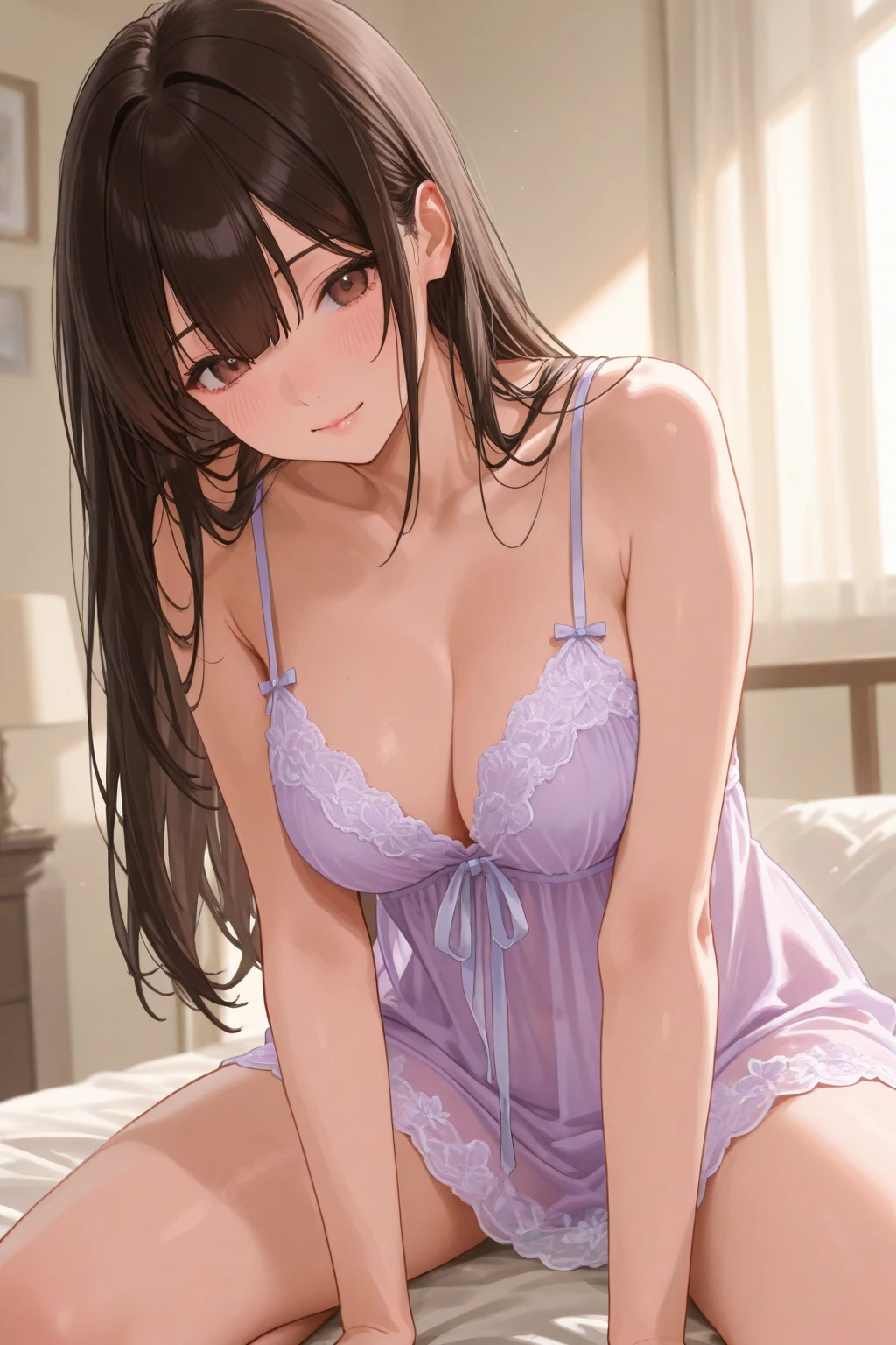 (Best Quality,High resolution,8K,finelity detailed background,Masterpiece:1.2),beautiful girl,Shiny purple hair,messy hair,Purple Eyes,Gentle look,A refreshing look,Best quality,Best Quality,Aesthetic and aesthetic:1.2,Best details((Super detailed))(High-definition CG illustrations),Pink underwear (pink,intricate lace),Slender body,Late Night,Moonlit Night,Bedroom,On the bed,smile,blush,cute,Scrounge,Looking up,Being spoiled,super model,wariza,shoot from above