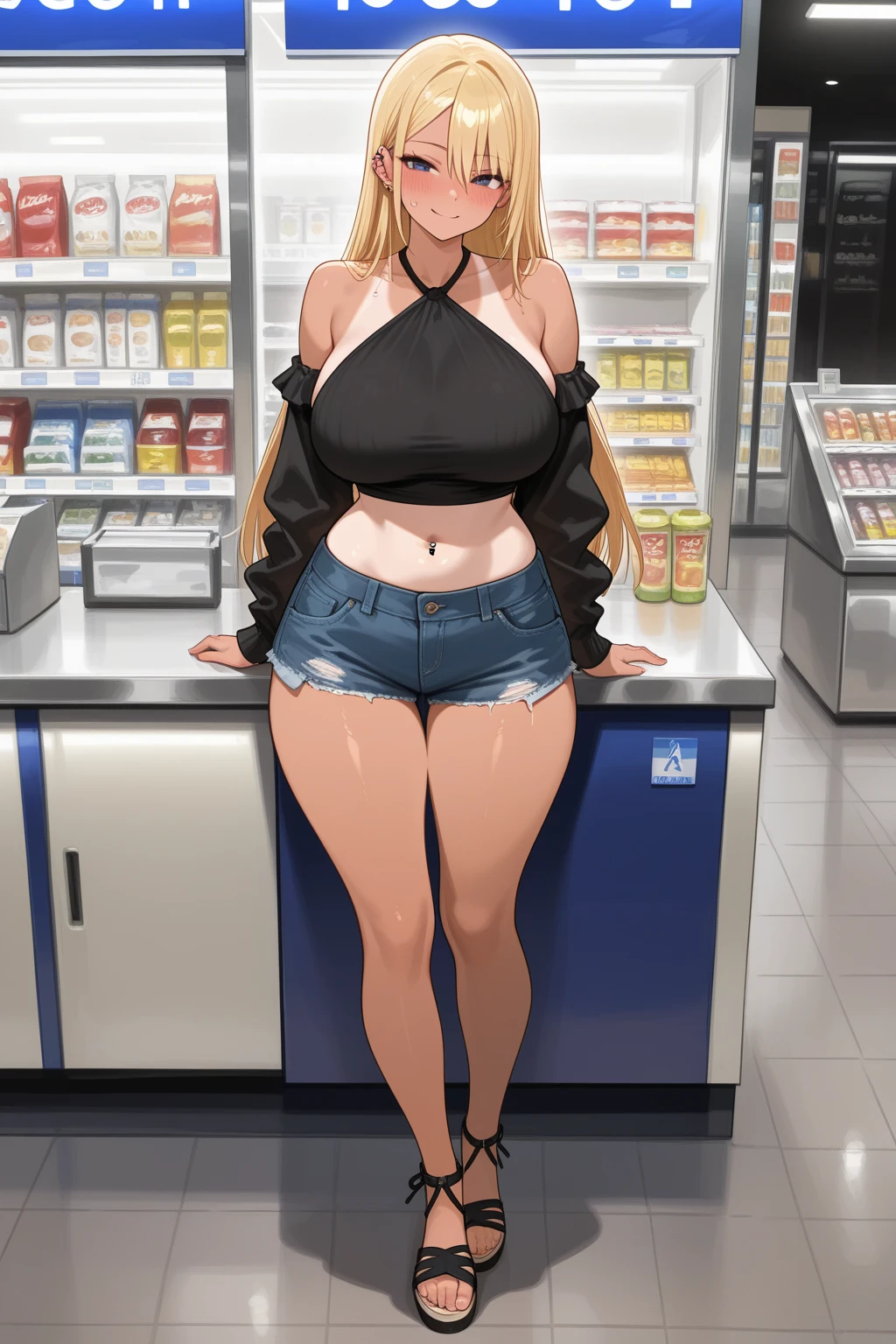 ((highres)), Masterpiece, high quality, detailed face, ultra cute face, ((1girl)), ((solo)), (blush), embarrassed, blonde hair, blue eyes, crop top and shorts, fast food restaurant, cleavage, , perky , ((wide )), (thick thighs), ((chubby)), fat rolls, chubby belly, full body,