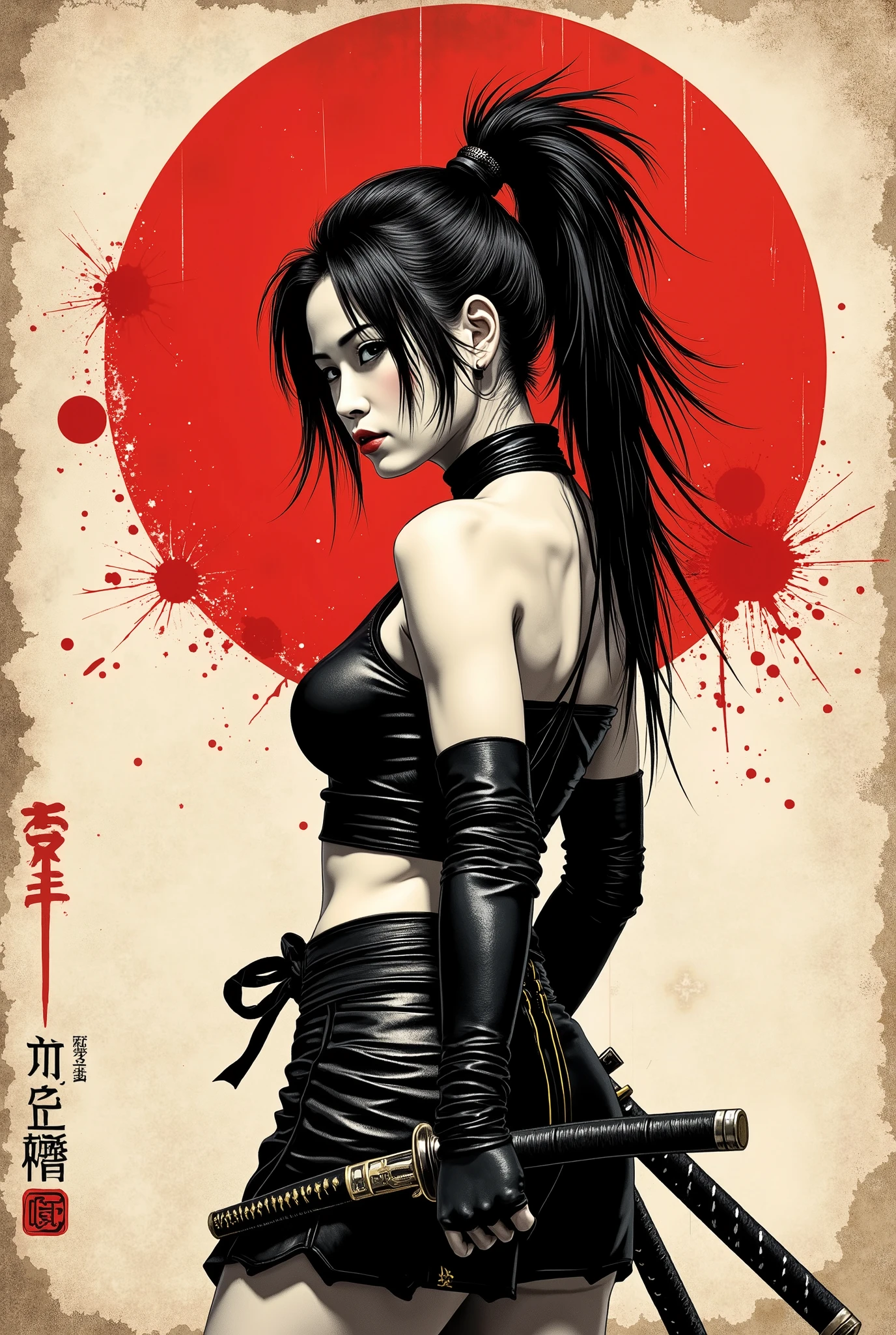 Young Asian ninja woman. She looks down seriously. vista lateral. The body is effectively curved. seios enormes. corpo voluptuoso, forte. Shoulders are thrown back. The arms are loosely lowered along the body. The head is slightly turned towards the observer. very dark and very long hair, gathered in a tall, messy ponytail on the top of the head with long side fringes. Wear a black leather top with bare shoulders. black leather gloves up to the biceps. two crossed katanas tied around the back,. wear tight short black leather skirts. Sepia image .The background is an old wall, gasta e suja, once painted white. Caligrafia japonesa , Hieroglyphs. The large stylized red circle that recalls a Japanese flag, carelessly painted with a large brush. Cuts and splashes of red ink. The texture of the worn wood . Splatters of dirt scratching the entire surface of the bottom. The overall artistic style is colorful and slightly rough, como um velho, beaten poster. The color scheme is soft and dark. The emphasis is on the details and the feeling of calm, poder. Conecte-se, No estilo samurai, ink graphics. linhas de movimento, Framed within a frame. obra-prima, super detalhe, 8k