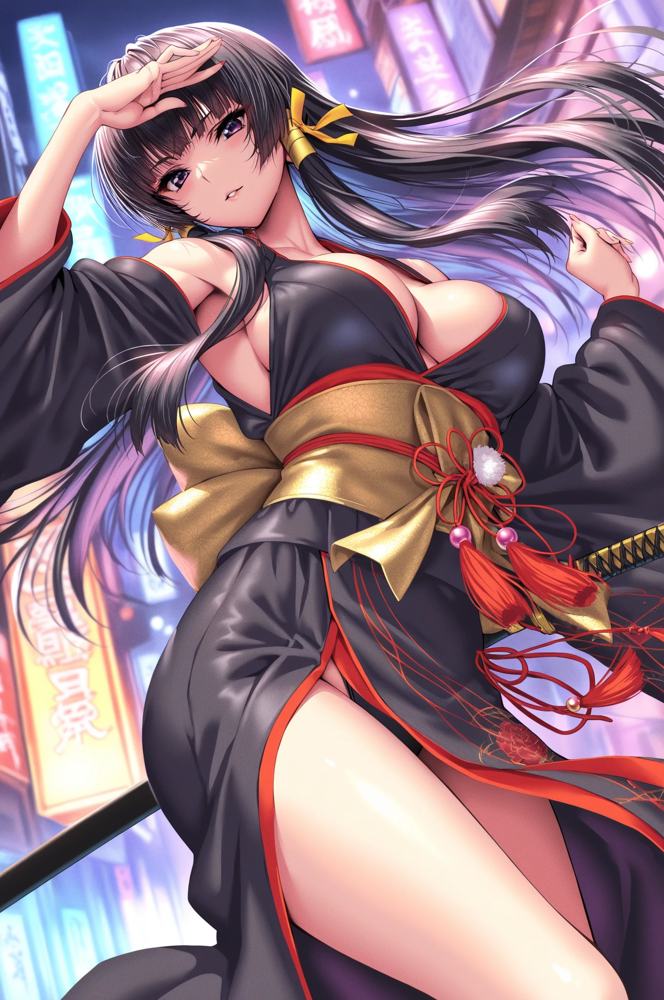 full body, (orange skin:1.3) dark black hair, very long hair,,oni, horn, (Large Breasts:1.2) , kimono, katana, (muscula:0.9), larger female