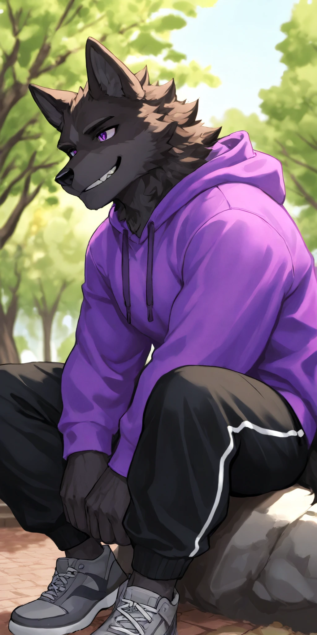 furry man with the ears and tail of a wolf with dark fur and purple eyes, in a park, sitting on a stone, Alone, smiling, He has a purple hoodie, with black pants and gray sneakers with purple details. good quality, dynamic and vibrant style. With fine lines and bright colors. The character's pose is relaxed.