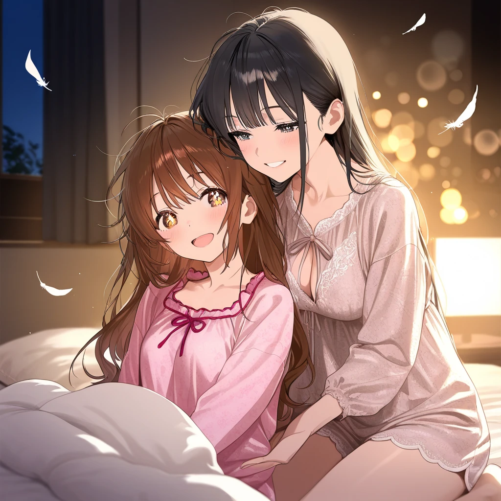 (highest quality、masterpiece、detailed)、(Shining eyes)、(sleeping girl),  cute, she is wearing pink long pajamas, brown hair.beautiful anime