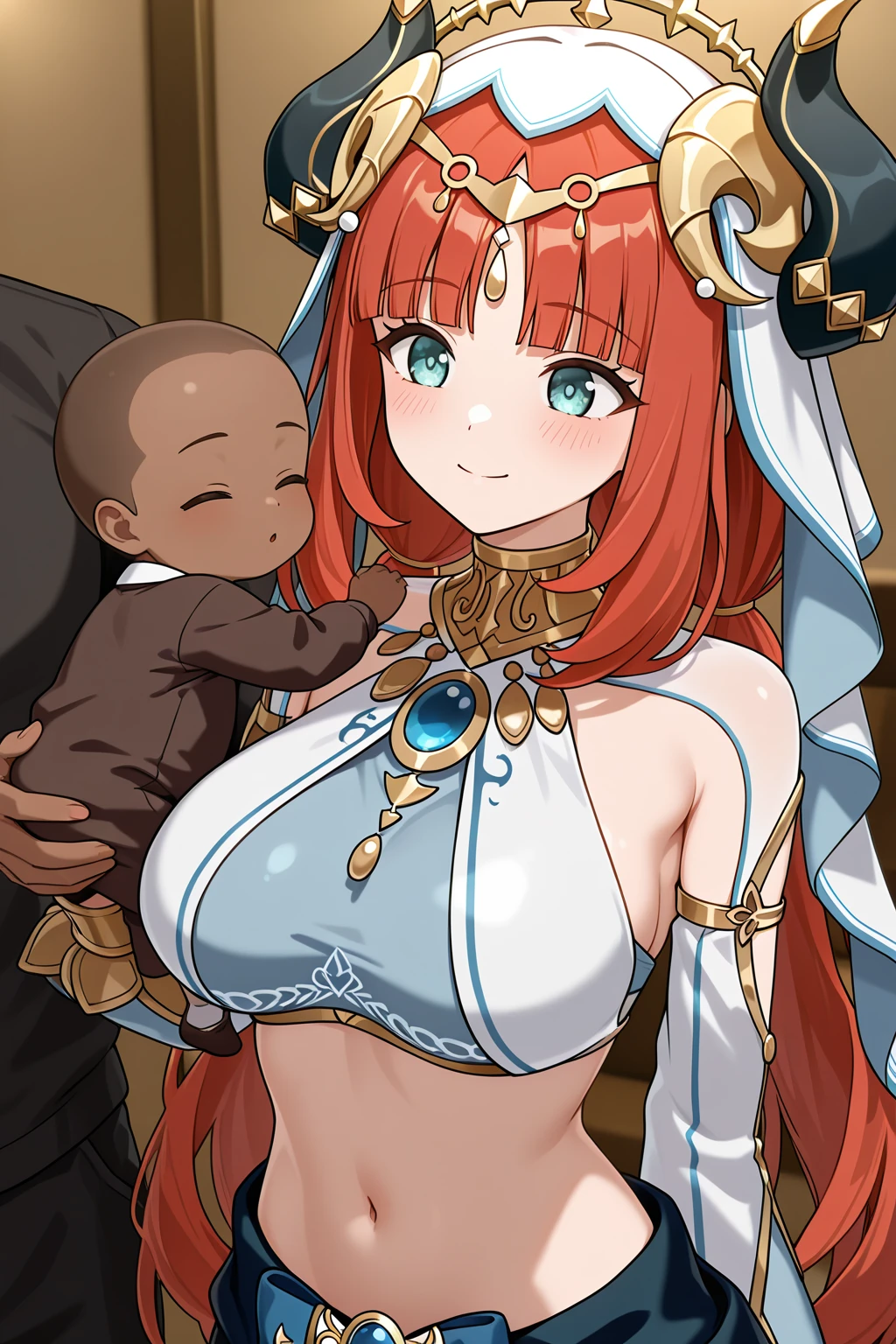 ((highest quality)), ((masterpiece)), (detailed), Perfect Face、((The woman is holding her one-year-old daughter in her arms.))、((The woman is Yuuki Asuna, a dark-skinned tribal woman with light brown hair, nude, dark-skinned painted skin with indigenous patterns.))、(The woman is happily embracing the man of the tribe.)、(The man embraces the woman and gets close to her)、Women are naked and wear bone jewelry, tribal earrings, tribal necklaces and tribal accessories.、(The man is a burly black-skinned tribal chief, naked and painted with his huge penis and testicles.)、The man is wearing the luxurious costume and accessories of a tribal chief、Tribal villages