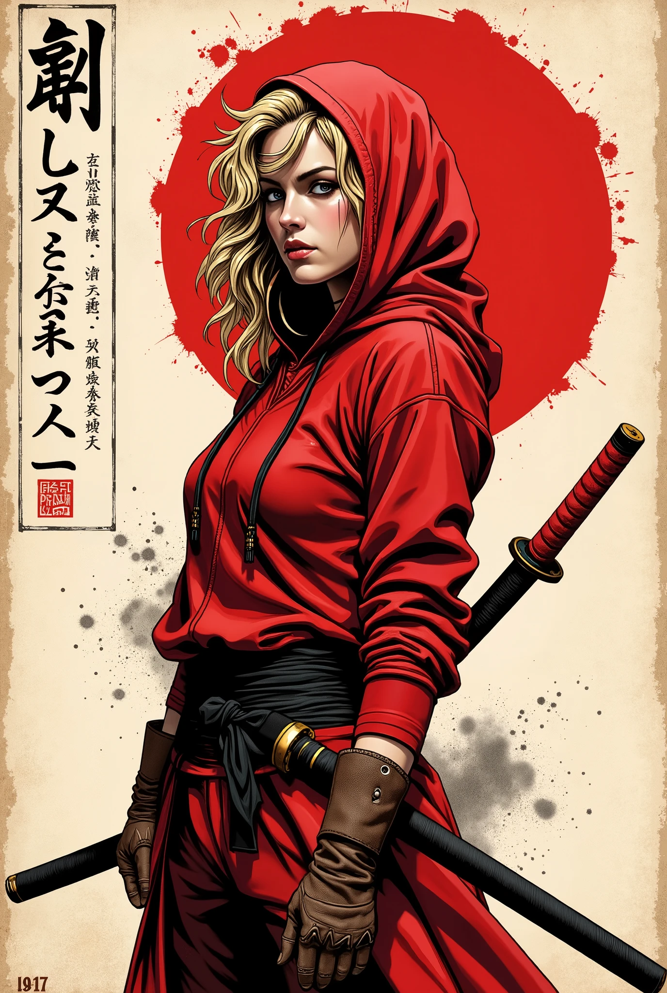 Young western ninja. She looks down seriously. Batom vermelho . vista lateral. The body is effectively curved. seios pequenos. Shoulders are thrown back. The arms are loosely lowered along the body. The head is slightly turned towards the observer. A piece of, wavy blond hair, escaping through the red hoodie that covers your head and falls over your shoulder. A modern red ninja costume with long sleeves and tight to the body. brown leather gloves . A katana with a red bar on the other side. Sepia image .The background is an old wall, gasta e suja, once painted white. Caligrafia japonesa , Hieroglyphs. A large stylized red ensö, carelessly painted with a large brush. Cuts and splashes of red ink. The texture of the worn wood . long splashes of dirt They scratch the entire surface of the lower part. The overall artistic style is colorful and slightly rough, como um velho, beaten poster. The color scheme is soft and dark. The emphasis is on the details and the feeling of calm, poder. Conecte-se, No estilo samurai, ink graphics. linhas de movimento, Framed within a frame. obra-prima, super detalhe, 8k