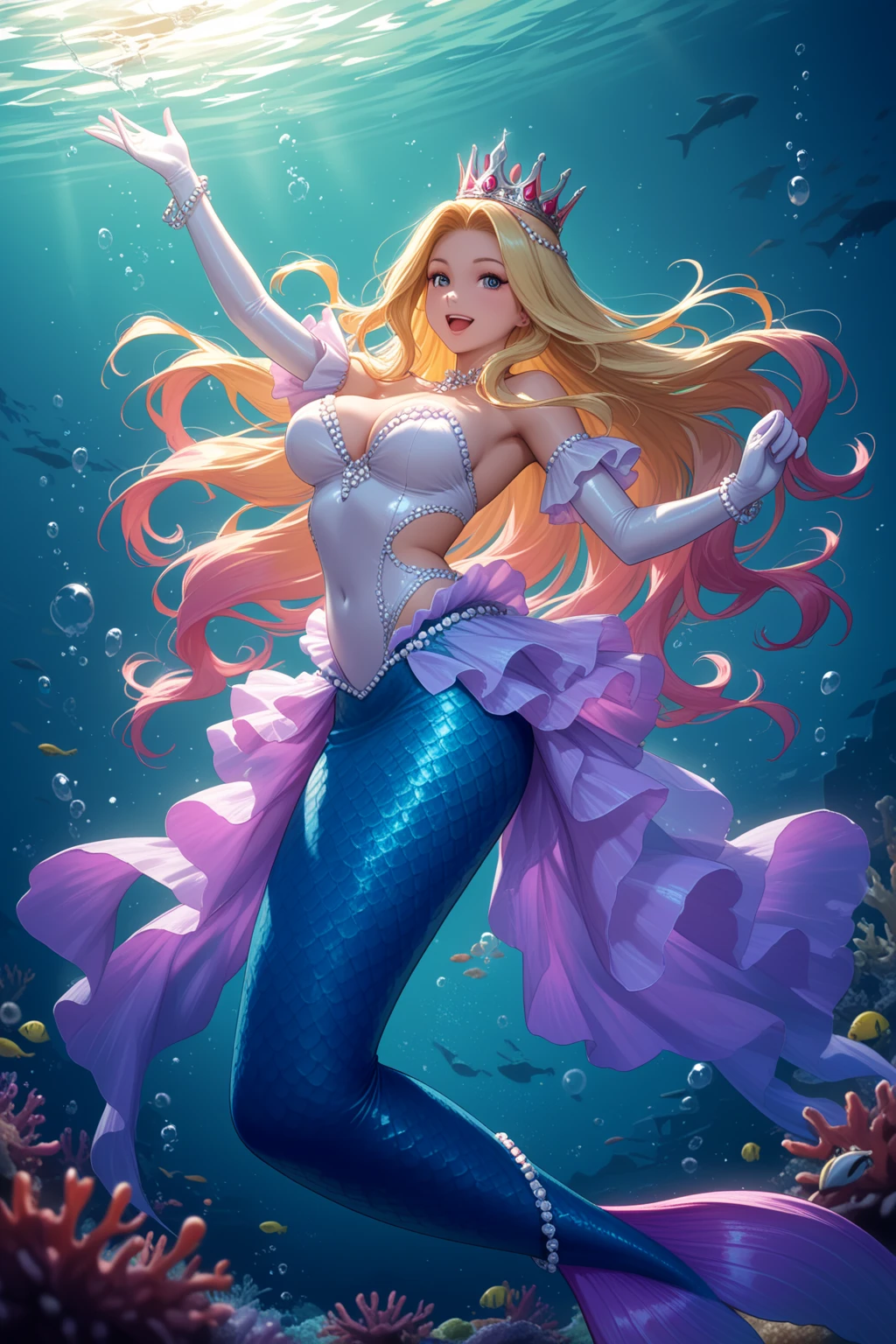 ((Realistic lighting, best qualtiy, 8k, tmasterpiece:1.3)),Cartoon mermaid，Fish and starfish in hand, queen of the sea mu yanling, kda, miss fortune league of legends, beautiful mermaid, Nami, Extremely detailed Artgerm, miss fortune, portrait of mermaid queen, Nautical siren, artgerm colorful!!!, princess ariel, Goddess of the sea, Siren, league of legends art style