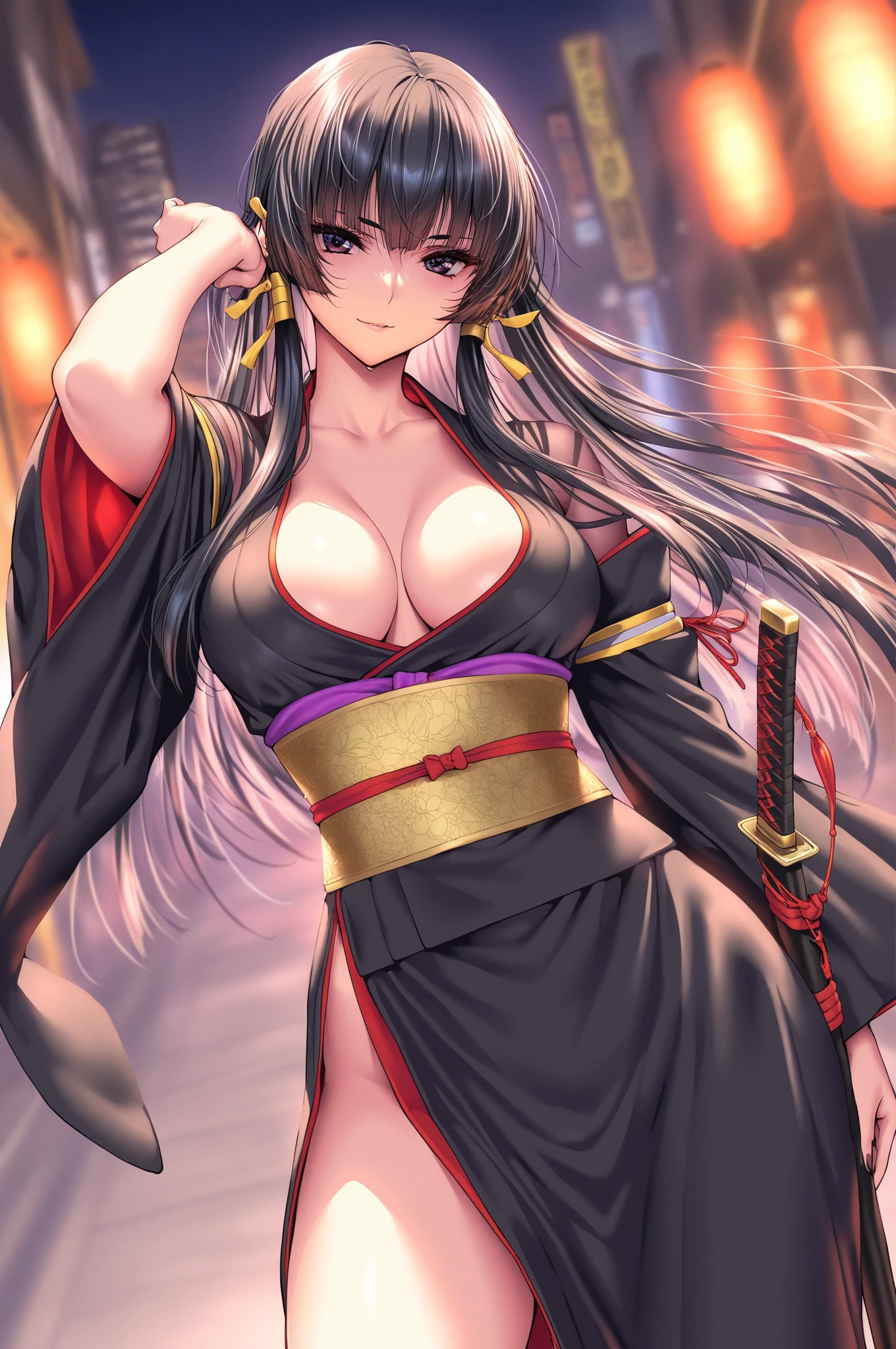 young girl, Long black hair with light pink ends, white fox ears, White fox tails, golden eyes, Thick kimono, open shoulders, open breasts, ssmile, Masterpiece, hiquality