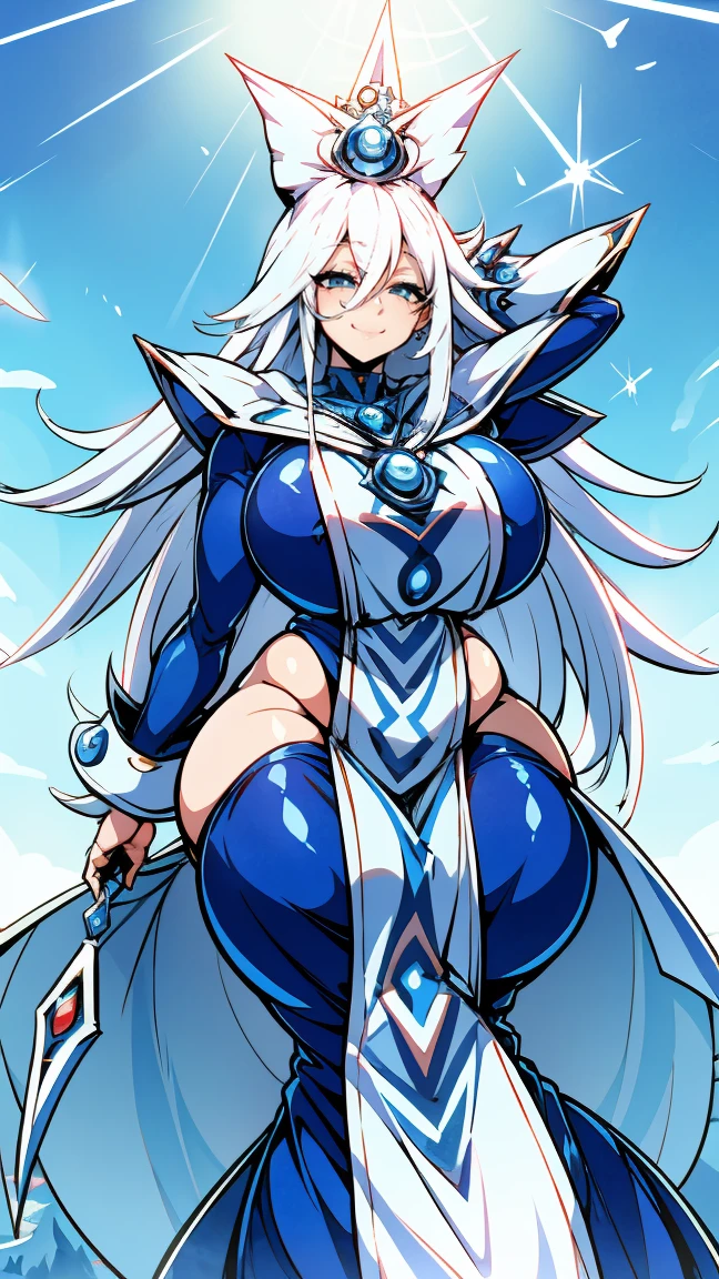 Silent magician, ropa apretada, poca piel visible, (( ruborizada, sonrisa, oiled skin)), pelo largo, cabello blanco, (( white hair)), sombrero blanco, Skinny body, chubby girl, big sagging breast , monstruo de duelo, Iparuputsua, de pie en la entrada de un castillo, magic world background, mundo medieval .