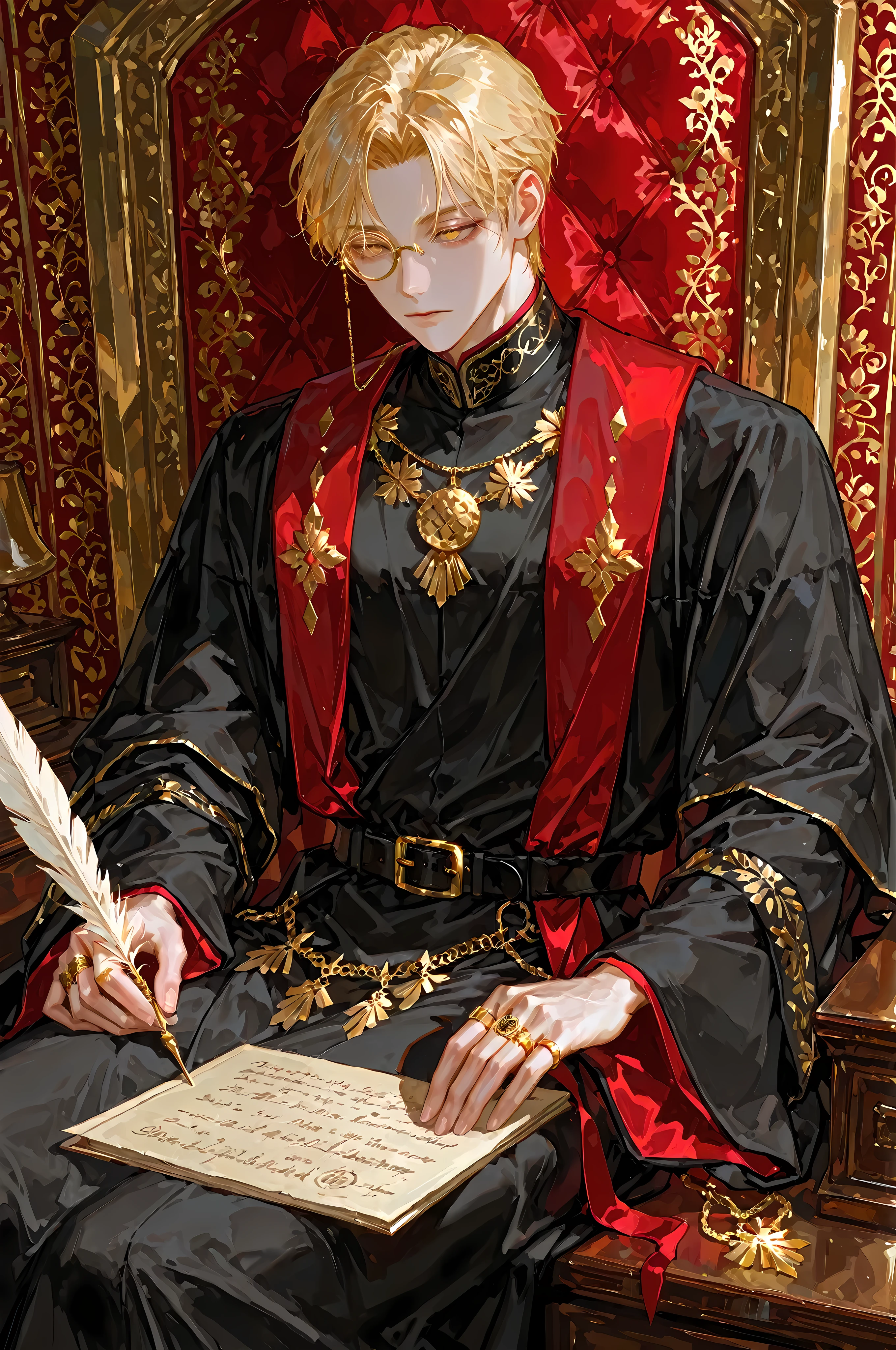 8k, beautiful masterpiece, merchant, looking ahead, alone, pale skin, Perfect Eyes shape, Athletic Build, ((He wears a Renaissance-styled: long black robe with very wide sleeves, black with red and golden accents elegant noble clothing, black belt with golden buckle, pouches and purses attached to sash, golden amulet imbued with a ruby, 1 golden ring imbued with a diamond, golden rimmed monocle)), (((background is office, is emotionless and somber while sitting down at a desk and writing with a quill))), mature man, muscular, 1 man, male-centered, handsome man, handsome, short hair, blonde hair, Thick painted, golden eyes, Perfect Eyes, masterpiece, top quality, amazing quality, exquisite details, very detailed, semi-realism art, semi-realism art style