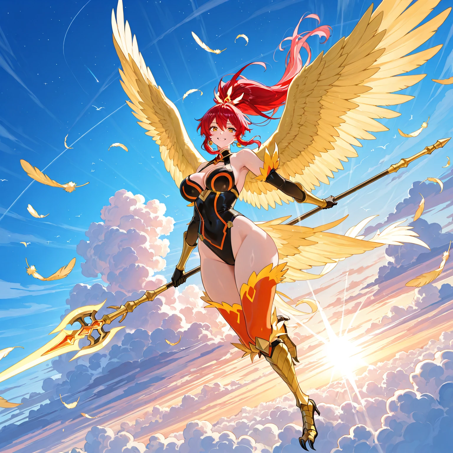 (masterpiece), (high quality) , (4k), inside of cave background ,(vivid colors), beautiful face, anime styled face, anime styled body, detailed vivid colors in background, full body, nude, (anatomically correct), small breast, golden winged breastplate armor, (golder armored breastplate) golden armored thong, torn feathered cloak waving in wind, petite body, nice legs, long red flowing hair to back, Valkyrie helmet, golden prosthetic left arm, golden naginata in left hand, standing in puddles,
