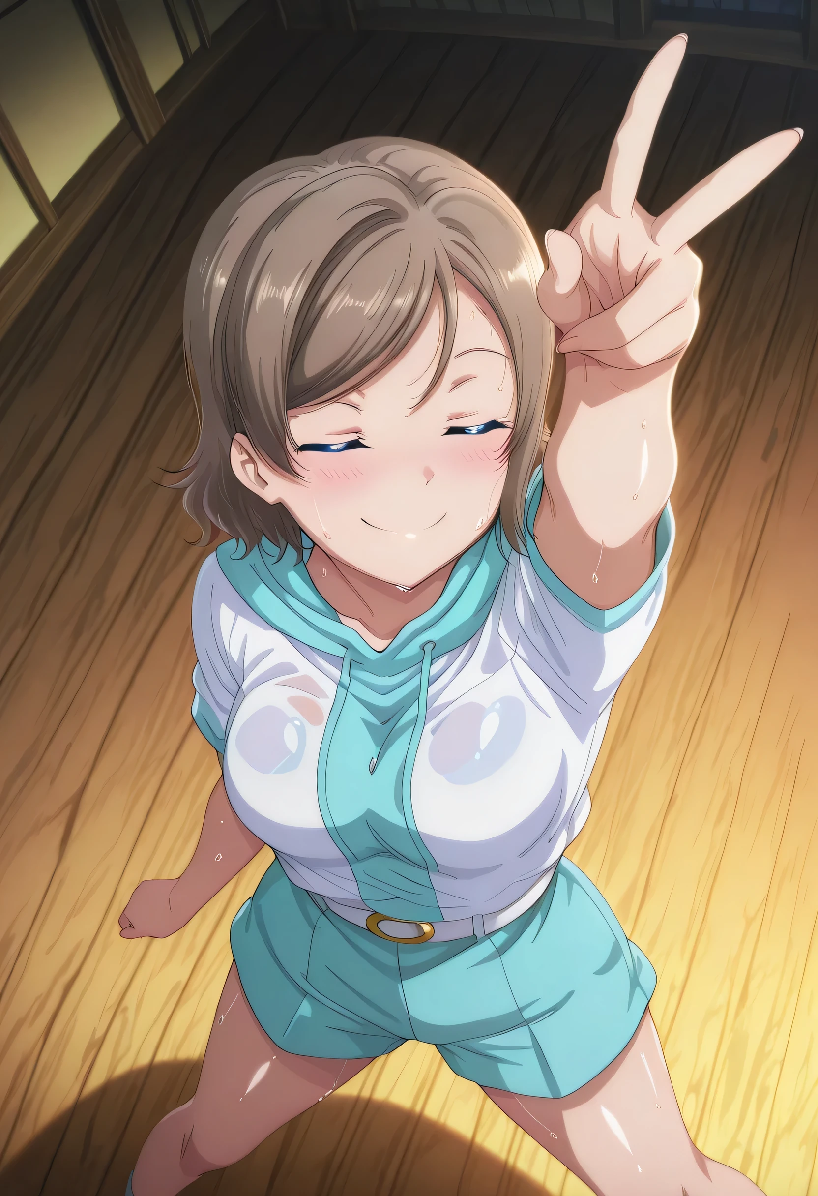 score_9 , score_8_up , score_7_source_anime detailed eyes,anime eyes,high detail eyes,multicolored iris,detailed iris,anime style 4k, 4k masterpiece, best quality 4k, absurd, latest, high resolution 4k, official art, screenshot, anime screenshot, anime coloring, amazing quality 4k, akeno, 1girl, you watanabe, watanabe you, blue eyes, brown hair, short hair, swept bangs, mature female, large breasts, shiny skin, wet body, wet clothes, shiny oiled skin, sweat,shiny hair,  <lora:charizard-pose-illustriousxl-lora-nochekaiser:1>, charizardpose, solo, blush, closed mouth, standing, closed eyes, arm up, foreshortening, v, from above, legs apart, smile, looking to the side,