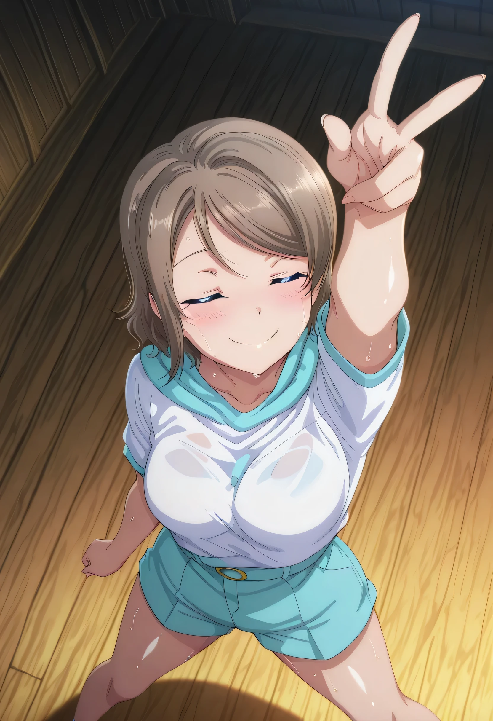 score_9 , score_8_up , score_7_source_anime detailed eyes,anime eyes,high detail eyes,multicolored iris,detailed iris,anime style 4k, 4k masterpiece, best quality 4k, absurd, latest, high resolution 4k, official art, screenshot, anime screenshot, anime coloring, amazing quality 4k, akeno, 1girl, you watanabe, watanabe you, blue eyes, brown hair, short hair, swept bangs, mature female, large breasts, shiny skin, wet body, wet clothes, shiny oiled skin, sweat,shiny hair,  <lora:charizard-pose-illustriousxl-lora-nochekaiser:1>, charizardpose, solo, blush, closed mouth, standing, closed eyes, arm up, foreshortening, v, from above, legs apart, smile, looking to the side,