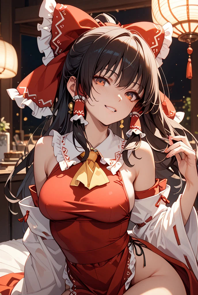 masterpiece, Best quality, 1 girl, One, Blaze (Arknights), Restaurant, Intimate atmosphere, Dim lighting, candles, roses, Looking at the viewer, medium chest, (long hair, black hair, animal ears, blue eyes, red hair ribbon), (black, red, gold qipao), blushing, beautiful smile, wink, very detailed skin, (detailed face), expressive eyes, beautiful hands, red nails, holding a glass of champagne