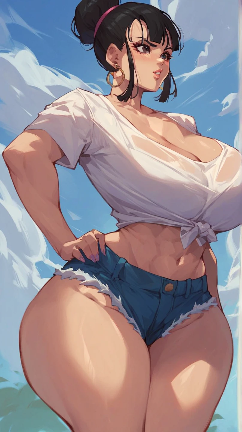(masterpiece, best quality, hires, high resolution:1.2, 4k, 8k , high quality), extremely detailed, realistic, intricate details, highres, 1girl, solo, (large breasts, thick thighs, wide hips), arched back,(cinematic lighting, sunlight, perfect lighting, backlighting), eye-level shot, extreme close-up-shot, looking at viewer,
<lora:ExtremeMicroShorts:1> micro shorts, nipples, nude