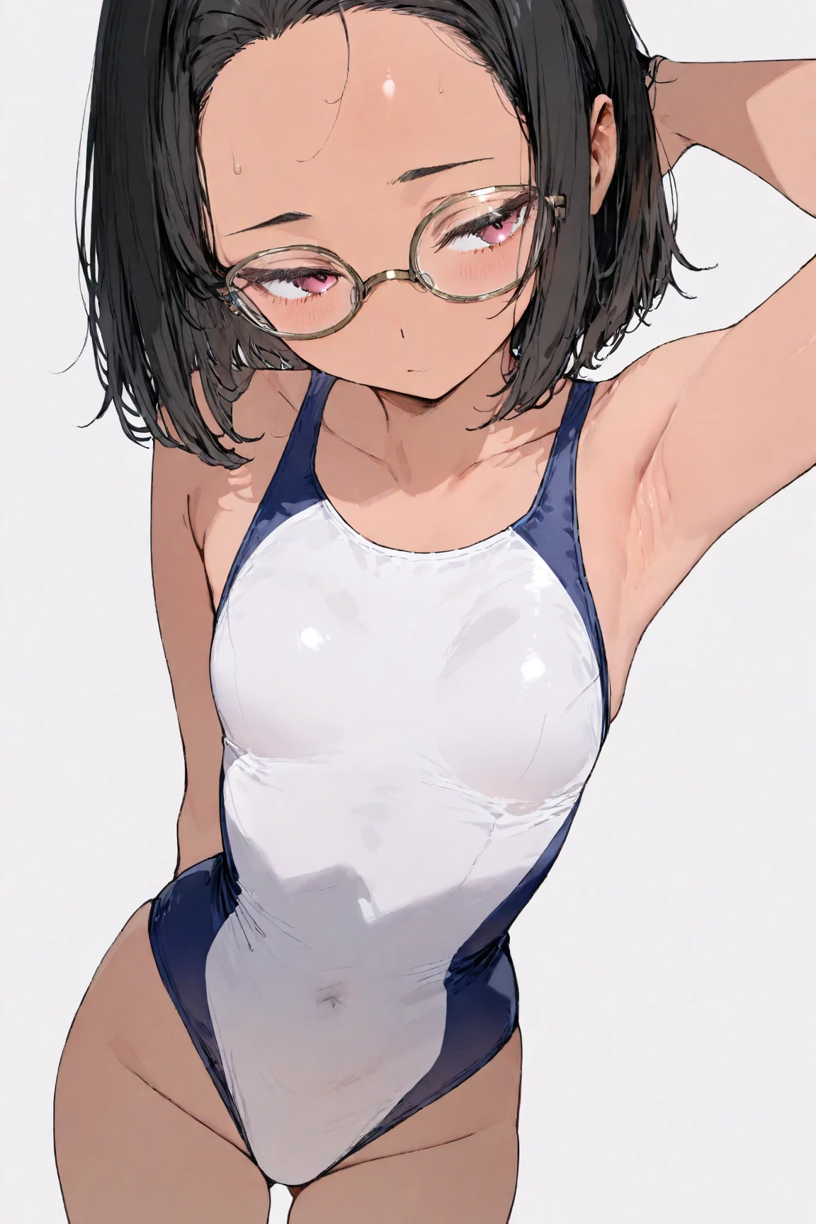 highest quality、Realistic、female、zoom、Chestnut Hair、Blue Eyes、short hair、athlete、muscle、Swimwear、athlete、muscle、Abdominal muscles、Glasses、Sunburned、Tan、Brown Skin、From below、smile、Ocean、Looking down、、Small breasts、Bust Shot、