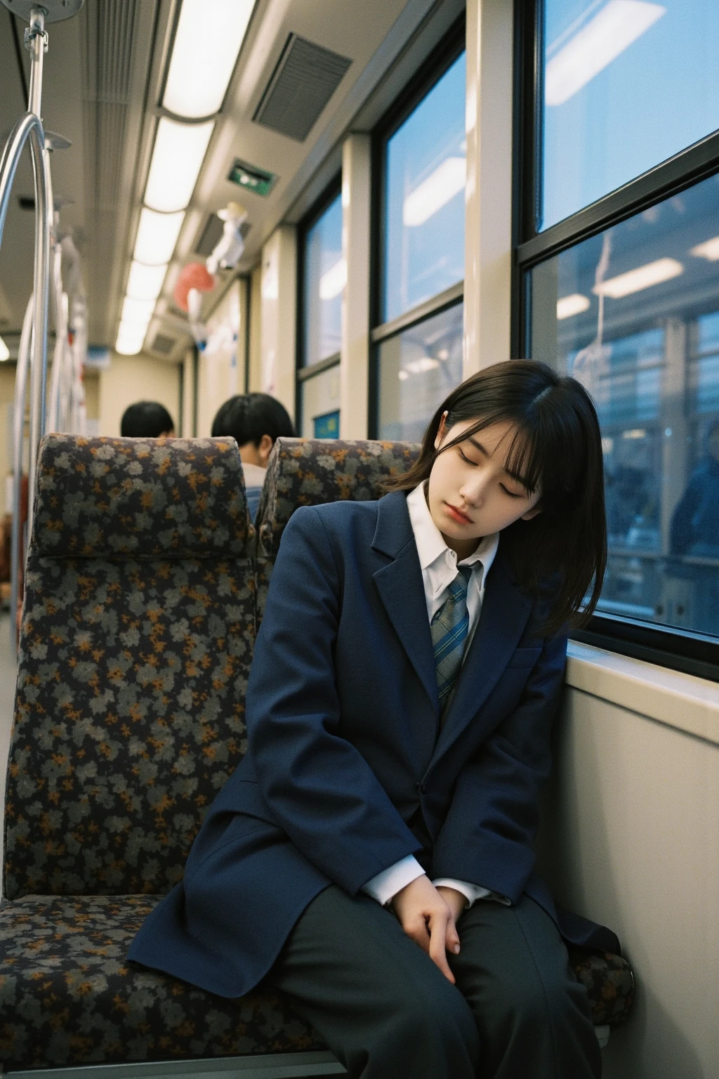 (pixel art_1.1)1female Japanese students,The girl in front of me,Sitting and sleeping on the train,standing on Young man,middle-aged Multiple Salaryman,The office worker is reading a newspaper,