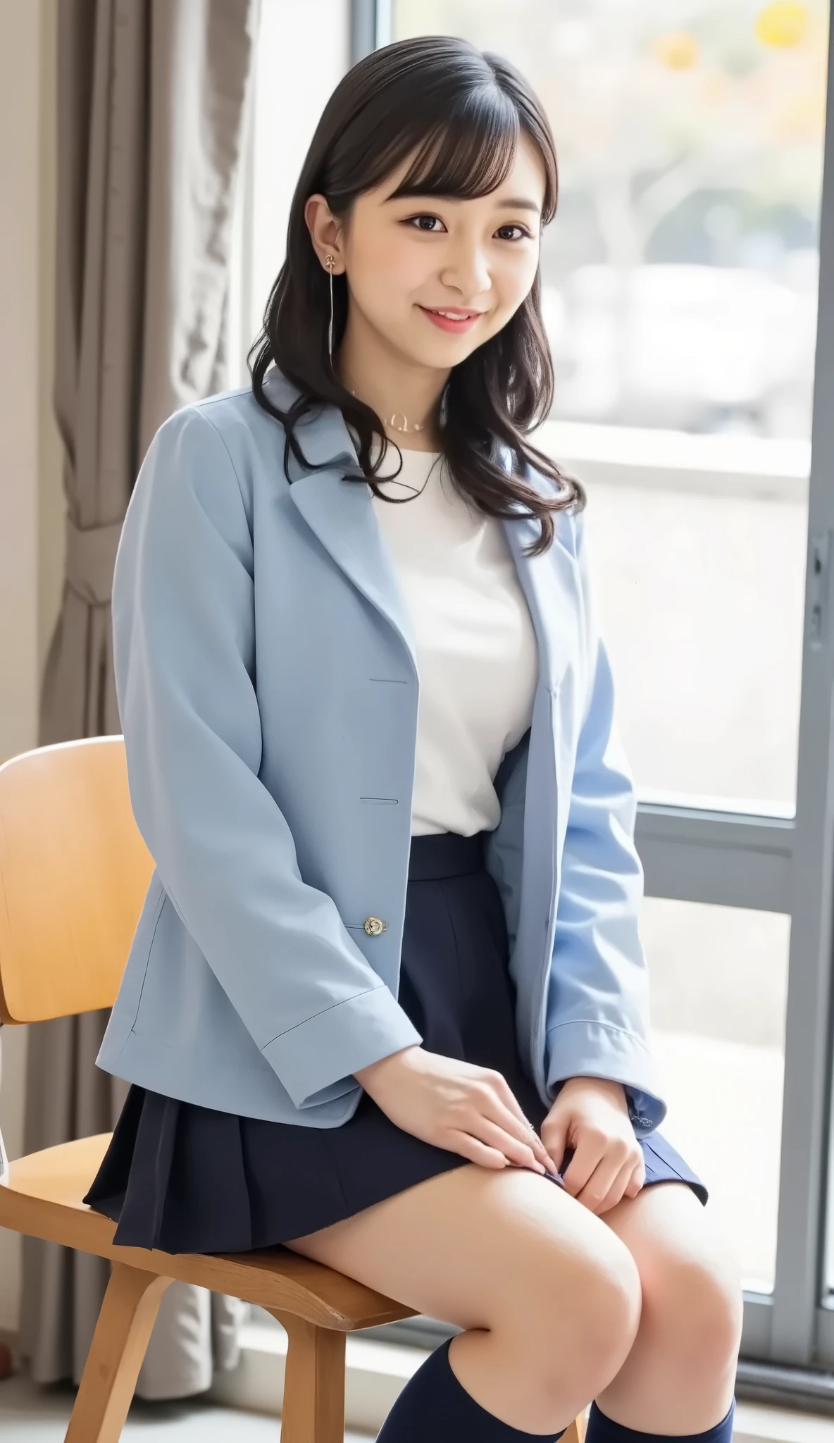 live-action、shot with a Canon EOS R5, 50mm lens, f/2.8 apertur、Highest Quality、super high resolution、8K、school、what a high school girl looks like、uniform、Emphasize the cleavage,Seductive pose、front view、Full body photo、sitting on a chair、(poses that accentuate cleavage:1.5)、(Smile Yan:1.5)、black haired 、straight semi-long、has bangs、slender body、(large breasts:1.3), black pleated skirt、miniskirt、dark blue high socks、black loafers、nsfw,(skirt lift:1.5),(white pantie:1.1), showing off panties