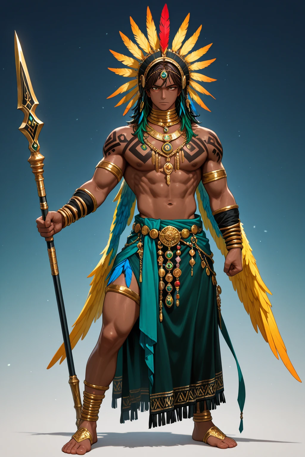 in D&D art style, create a male aztec warrior character, he has brown skin a black sholder length hair, and a golden shining eye. he is in a battle fight position.The picture must show the whole body
