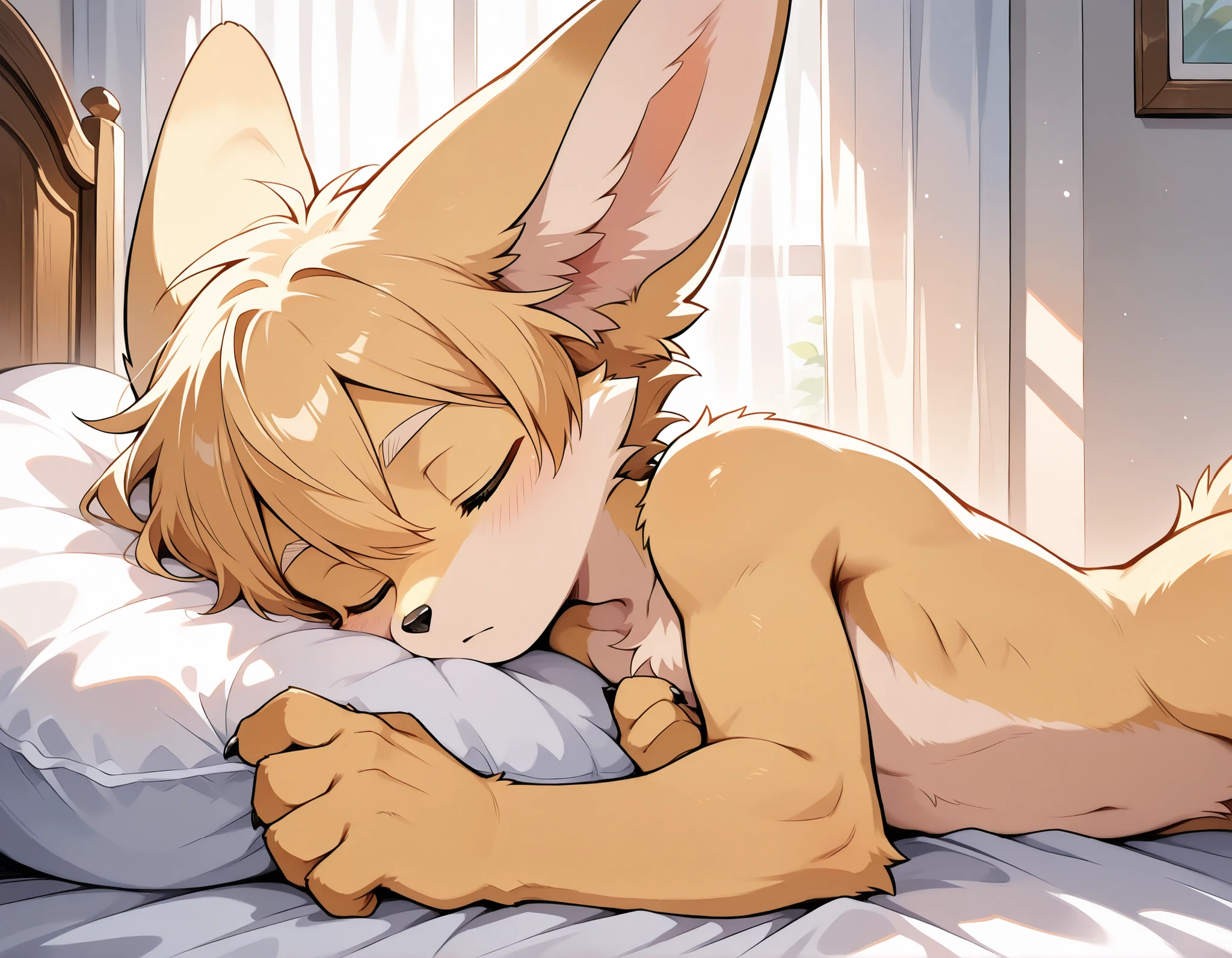 furry, male skinny fennec fox, laying, closed eyes, side view, naked, showing cock, erect cock, hard cock, bed, morning wood, laying, sleeping, neck tuff, cute, claws, handsome, perfect, detailed, perfect body type, high resolution, anatomically accurate, detailed eyes, Best quality , 5 fingers, Ultra High Resolution, Delicate Eyes , Handsome, Takemoto Arashi, Handsome,delicate face, no elves, no sfw, no animals, no humans