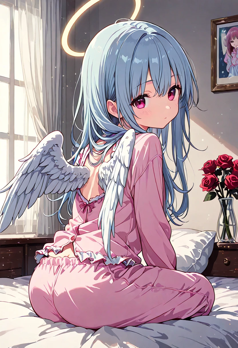 Only one beautiful, pretty woman with long white hair and blue eyes、Lying down and eating Pocky、There is no box of Pocky、23 years old、Adorable smile、Angel wings on the back、Cute pink room、With cat ears、Wearing fluffy white winter loungewear、Shorts with ribbon、Large cat slippers、stuffed toy、Pastel colors overall