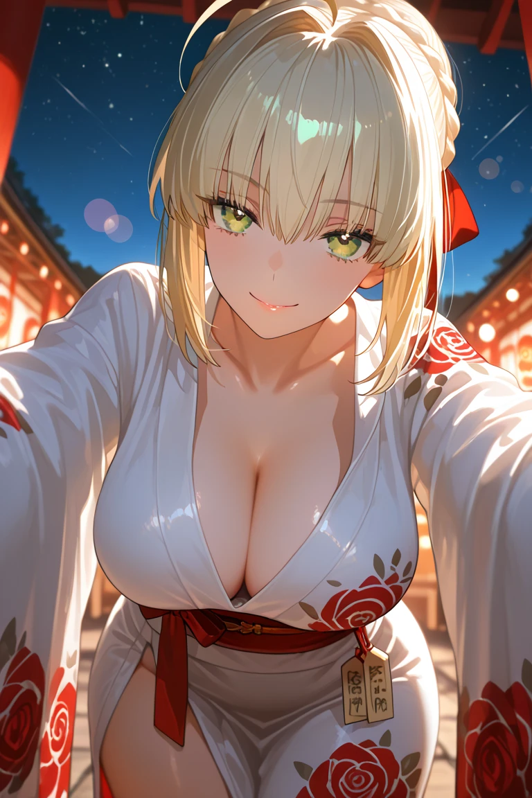 <lora:SeleneV1:0.8>,ftselenecas,mature female,pink eyes,mature female, blonde hair,kimono,cleavage,calm smile,full moon, night sky