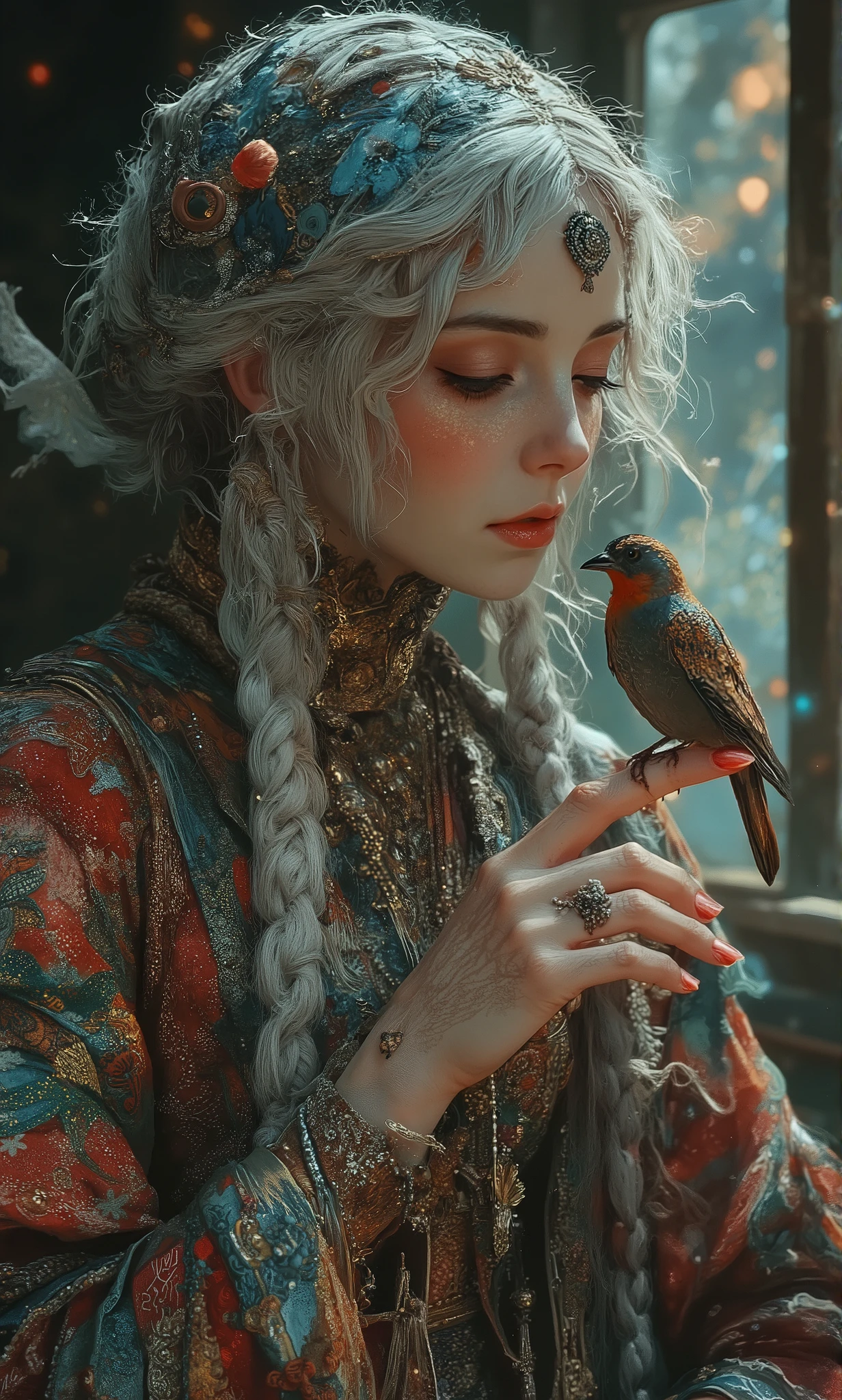 A beautiful old lady with intricately braided silver hair, she is looking beautiful bird is perched on her finger. The old lady is wearing a beautiful dress covered by intricate embroidery. She is in a beautifully lit cozy room. Ethereal, magical, depth of field, sorceress, wise woman , old lady, gypsy