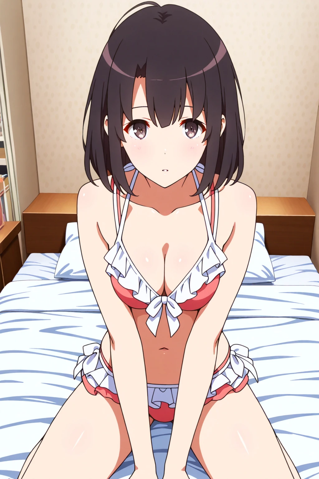[anime styled]],[[digitalart]],1girl,solo,(portrait),from above,Tomomi_saikyou,black hair,Short hair,bob cut,hair ribbon,midium build,1girl in,short torso,anime screen cap,cel shading,smile, blush,(strong light),((brighten the subject)),bedroom,(sitting),nude,((bra)),((panties)),(lingerie)
