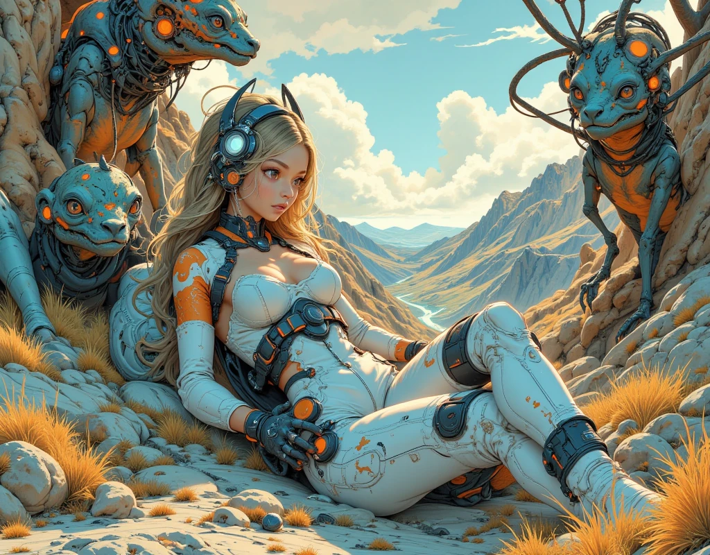 cute face ,beautiful eyes,topless,bigtits,big areolas,showing nude pussy((do not add the color red blue yellow pink brown orangey golden))(((add all the details that will be specified , por favor ;) )))melhor qualidade ,detalhacidade, blonde hair ,eyes light gray ((Japanese manga ghost in the shell ))((detailed cybernetic implants in black and gold))chao coberto com neve branca/ black leather belts tied around the arms and legs and between the breasts ,with colorful metallic cebernetic trees /tons de azul/rosa/amarelo/vermelho/luminescent cybernetics distant horizon/montanhas flutuantes/ dia ensolarado/com ventos fortes /lua cheia em meio as nuvens/ borboletas,folhas ao vento,cybernetic dinosaurs in ghost in the shell style /horizon zero dawn /wide view of the horizon/com um diversidade cores / peculiar vegetation/
"beautiful porcelain white skin ,topless,big areolas,nude young woman 18 years old ,beautiful eyes, showing pussy, big tits,big dark areolas,topless, cybernetic, , detailed gorgeous face, do), rosto perfeito