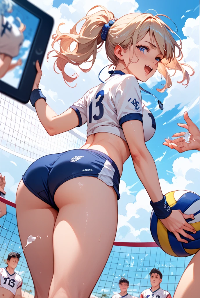 (((masterpiece))), (((best quality))), (((ultra detailed))), (((high-resolution))), ((super fine illustration)), ((Ultimate cutie)), detailed beautiful face,(white hair), shiny hair, ((((gyaru)))), (medium breasts), (((solo))), (((embarrassed expression))), (kneeling down female volleyball player), (((Crotch on the ball))), (sleeveless Volleyball Uniform), knee pad, elbow pad, ((sweat)), ((covered in sweat)), ((fog)), in Volleyball Court, lighting, ((from behind)),(((looking at viewer)))