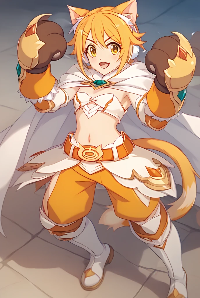 Masterpiece, highest Quality, Highest Resolution, perfect detailed modern anime style, anime lighting, detailed hands, high quality character design, detailed background, detailed, 1girl, Adora, blonde hair, purple eyes, tail, ponytail, high ponytail, shoulder armor, body fur, two-tone fur, cape, white armor, yellow fur, top knot, facial fur, clothed, yellow skin, multicolored skin, monkey tail, adult, yellow hair, white facial mark, outside, vegetation, light aura, yellow glow, sitting in grass, sky,