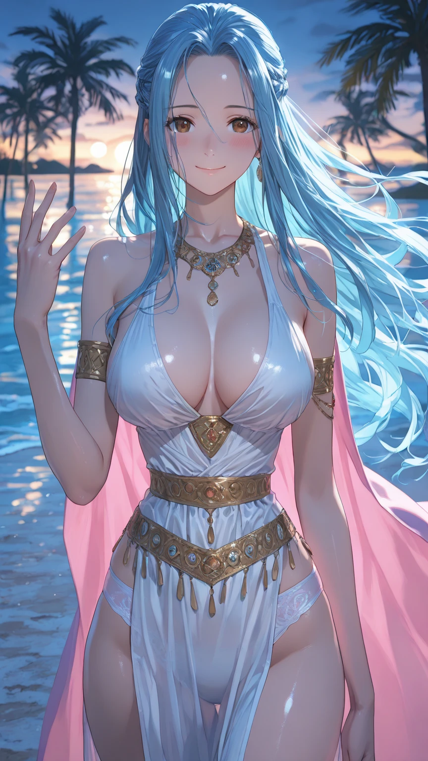 Big-breasted queen, perfect slim body, mature royal sister, blue hair, royal sister face, black face, open-chest outfit, sexy and alluring, beautiful face, full body portrait, 4K picture quality, big, feminine expression, blush shy, large bust, ocean temple, turquoise water, ((beautiful eyes)), side face