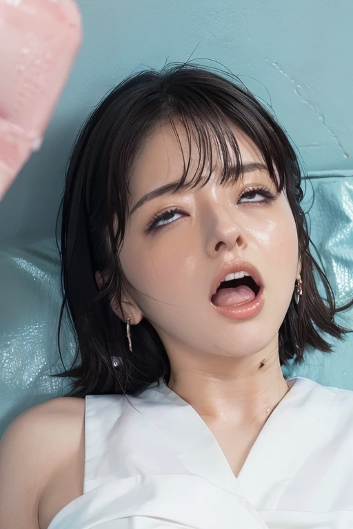 15-year-old student girl,disproportionate breasts,Trendy haircut,place one's arms on one's knees,thick lips,(close up:1.6),(from above:1.4),(sleeping:1.4),(sitting, train seats:1.3),v-neck summer school uniform,Looking up,bukkake pose,(cum on body:1.5),