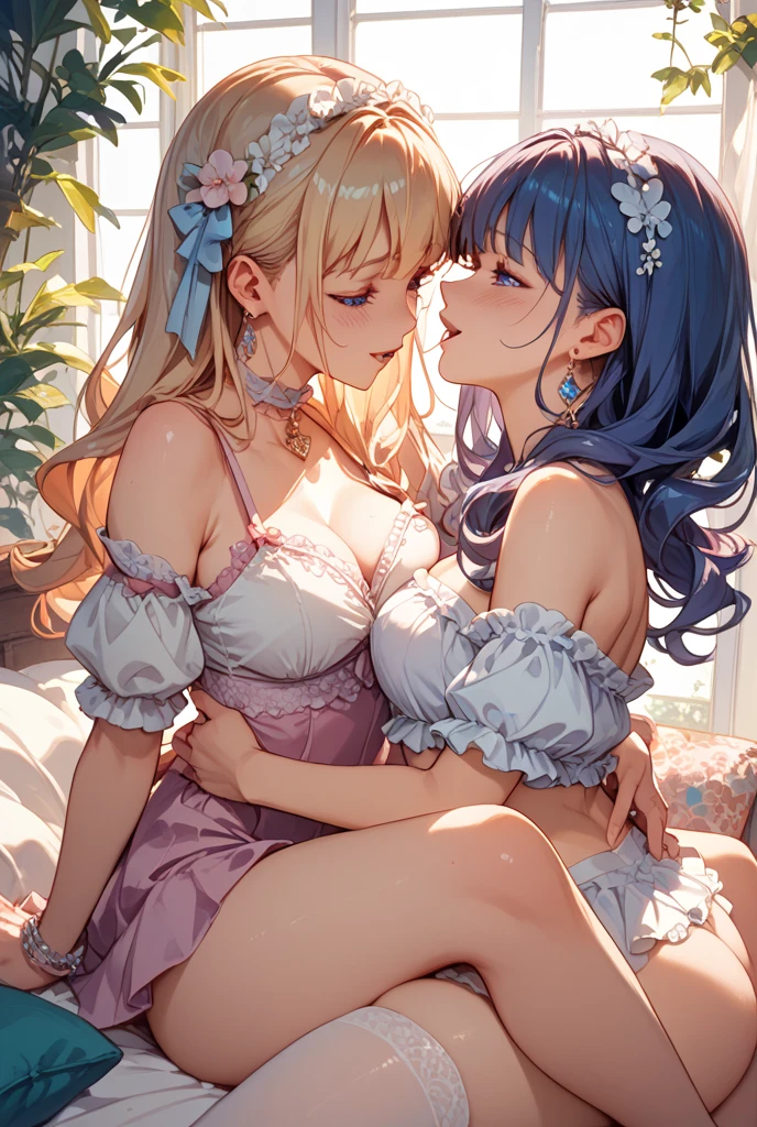 Highest quality,Highest Resolution,(((A beautiful girl with blue eyes and blonde hair in a maid leotard and white angel wings on her back)))and(((A beautiful girl with red eyes, purple hair, and black angel wings on her back in a gothic lolita leotard)))They are having sex while kissing in the sitting position,saliva,(((Halo))),smile,Frills,Knee-high stockings,A distant view,