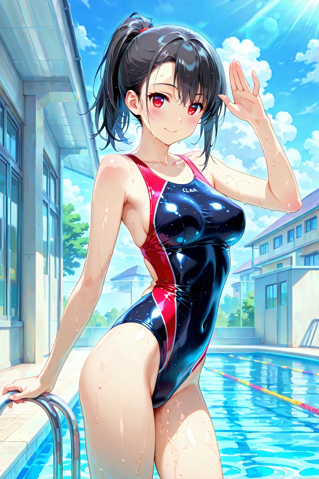 One girl, Natural light, masterpiece, Very detailed, figure, Game CG, Absurd, high quality, kinomoto sakura, (12-year-old girl), (Small breasts), Protruding nipples, Beautiful attention to detail, Glossy Lips, Troubled expression, Natural light, Long black hair, Edge of the pool, One piece swimsuit,My whole body is wet with water,