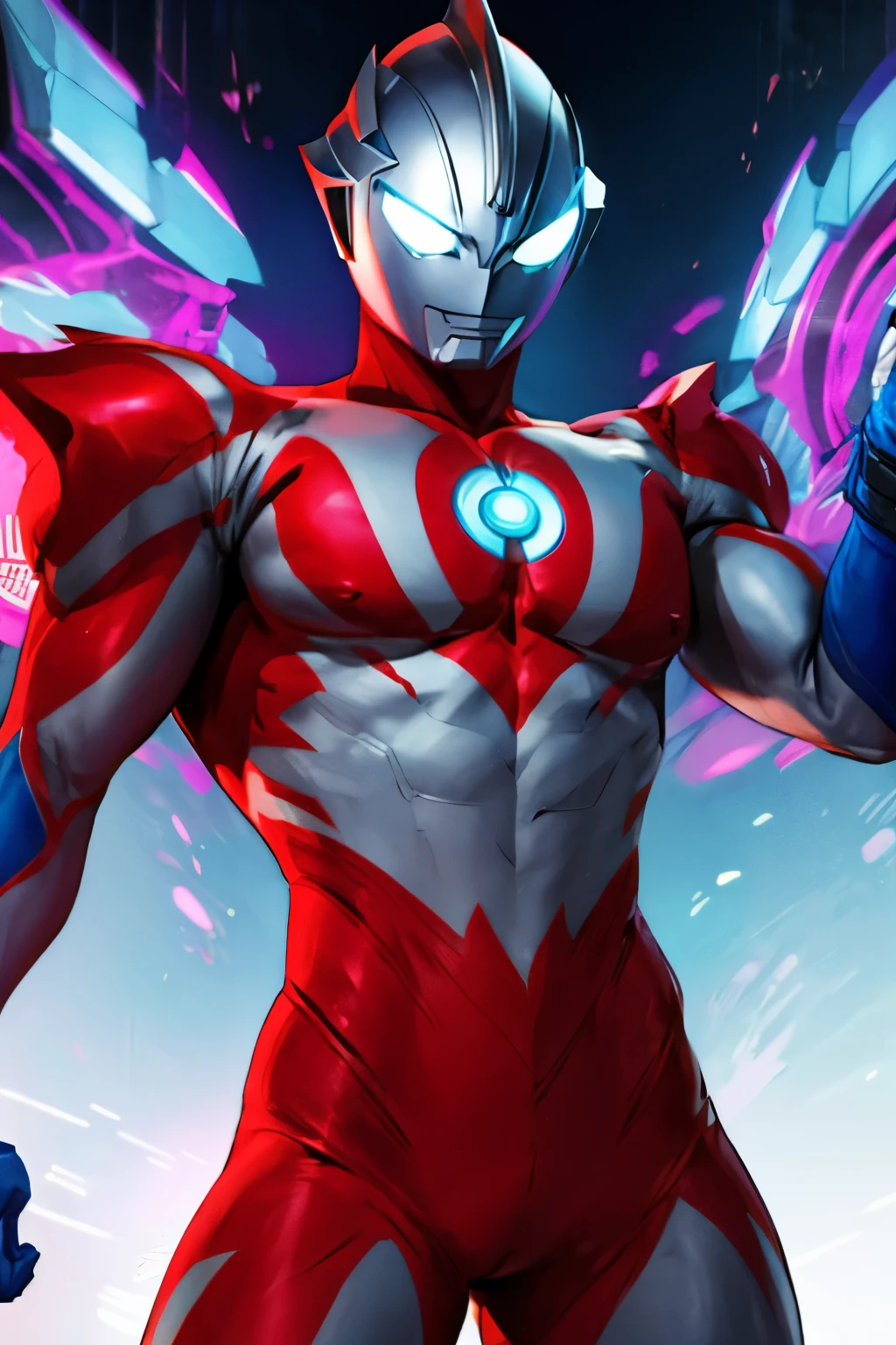 Ultraman, futuristic Ultraman warrior, sleek cybernetic armor design, crystalline core in chest, metallic silver, red and neon blue color scheme, a pattern (red, blue and black) on the suit, dynamic pose, muscular humanoid form (Slim athletic build), glowing energy patterns, ultra modern sci-fi aesthetic, dramatic lighting, intricate panel details, 4k digital art, high detail rendering