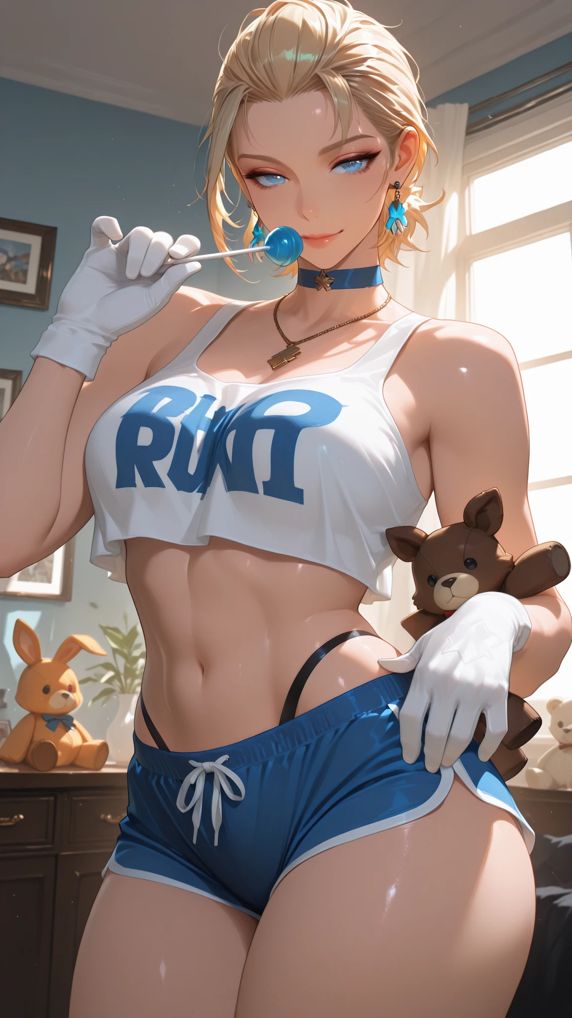(indoors:1.3), tall girl, 1girl, solo, medium hair, blue eyes, navel, blonde hair, (tank top, sport shorts, sneakers, ankle socks, choker), (large breasts), muscles, muscular, muscular female, biceps, (ear piercing, piercing),seductive smile, (sitting, basketball),