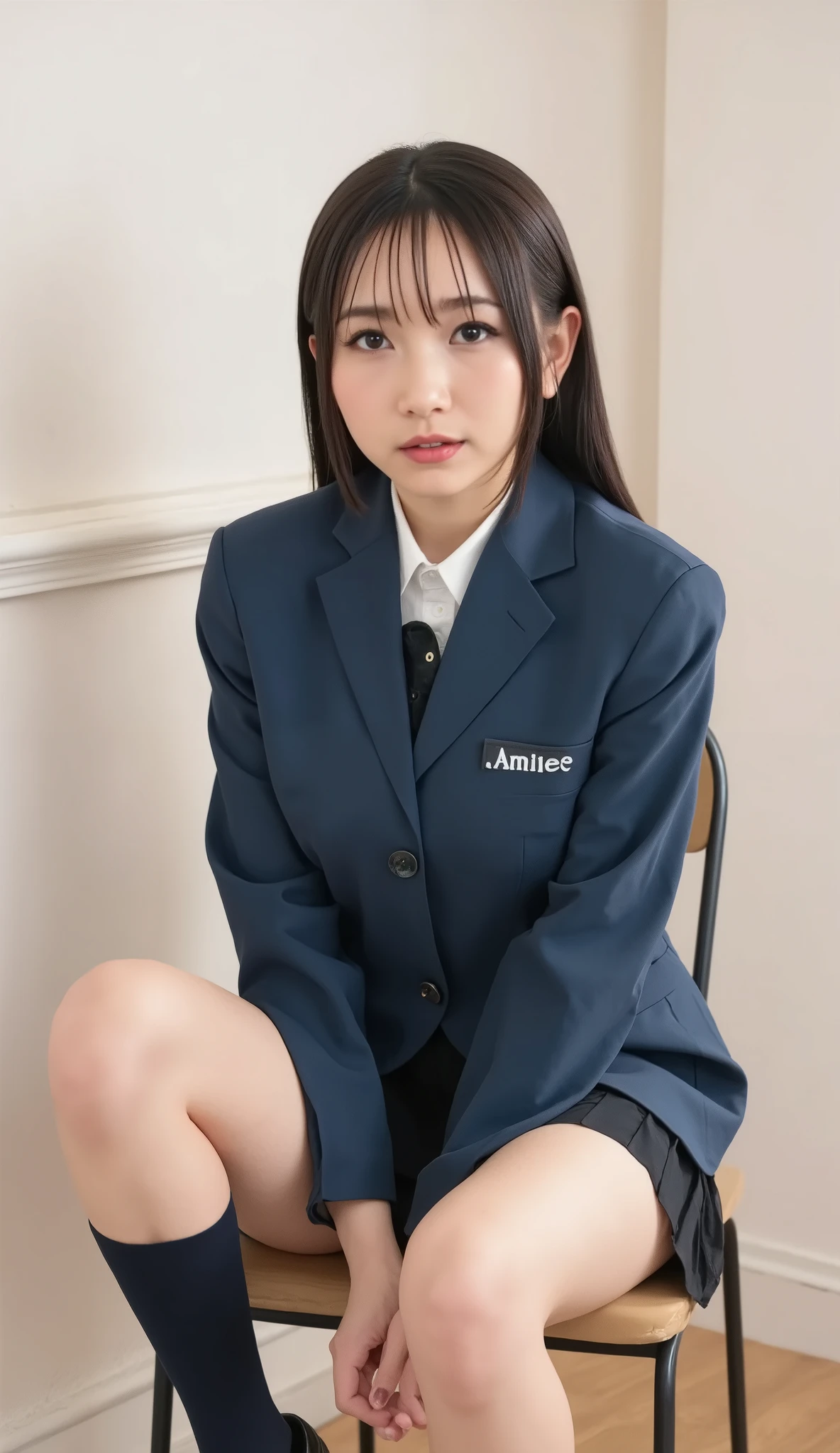 live-action、shot with a Canon EOS R5, 50mm lens, f/2.8 apertur、Highest Quality、super high resolution、8K、school、what a high school girl looks like、uniform、Emphasize the cleavage,Seductive pose、front view、Full body photo、sitting on a chair、(poses that accentuate cleavage:1.5)、(Smile Yan:1.5)、black haired 、straight semi-long、has bangs、slender body、(huge breasts:1.3), black pleated skirt、miniskirt、dark blue high socks、black loafers、nsfw,(skirt lift:1.5),(white pantie:1.1), showing off panties