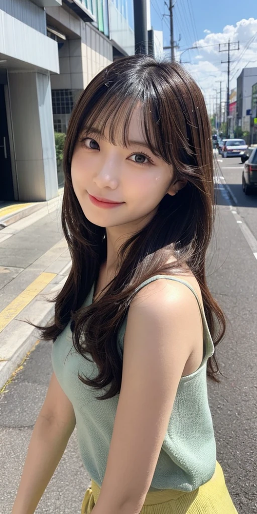 top-quality, masutepiece, Best Quality, Illustration, Ultra-detailed, finely detail, hight resolution, 8K Wallpaper, Perfect dynamic composition, Beautiful detailed eyes, Women's Fashion Summer,Medium Hair, Natural Color Lip, Bold sexy poses,Smile,Harajuku、20 years girl、Cute、dynamicposes, full body Esbian,