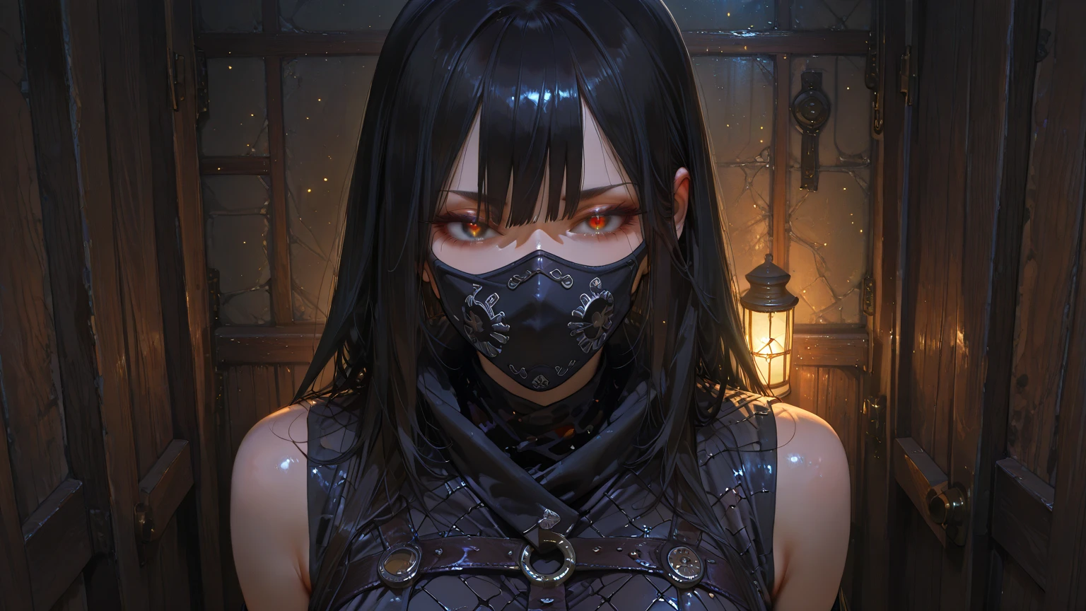 Highest quality、8K、masterpiece：1.3、Gothic Punk、The inside color is red、Black-haired、hair ornaments、Beautiful girl、creative、Dark Fantasy Style、Neogoth、Goth Fashion：1.2、High resolution、masterpiece、Highest quality、頭w:1.3、((Hasselblad Photos))、Fine skin、Sharp focus、(Cinematic lighting)、Realistic textured hair、((Black Mask)),Esbian all over、((View from below))