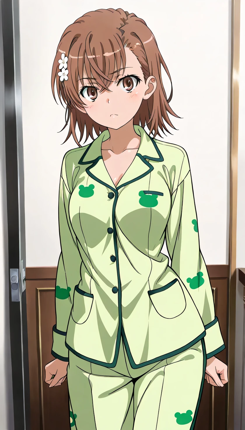 {{{masterpiece}}}, (best quality:1.5), (ultra-detailed:1.5), {illustration}, {{an extremely delicate and beautiful}}, (beautiful detailed eyes:1.6), absurdres, highres, extremely detailed face, 16k, hd, visual anime de uma jovem mulher, extremamente bonito rosto de anime, anime melhor garota, (perfect hands, perfect ), (five fingers:1.1), anime face, misaka mikoto(A Certain Scientific Railgun), 1girl, solo, cute face, short hair, brown hair, hair ornament, hair flower, hairclip, crossed bangs, (brown eyes:1.4), , big , curvaceous, BREAK, pajamas, green pajamas, green collar, long sleeves, frog print, animal print, long hem pants