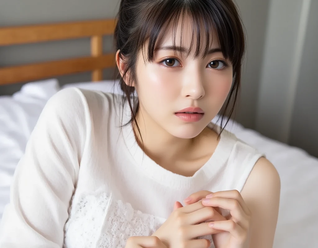 ((highest quality, masterpiece :1.3)), Photorealistic、Ultra-high resolution、Natural skin texture、Hyperrealism、Reflection from the waist up、Beautiful Japanese girl in her early teens、One girl、Tight inner shirt、Lying in bed、Frightened expression、Tears flowing