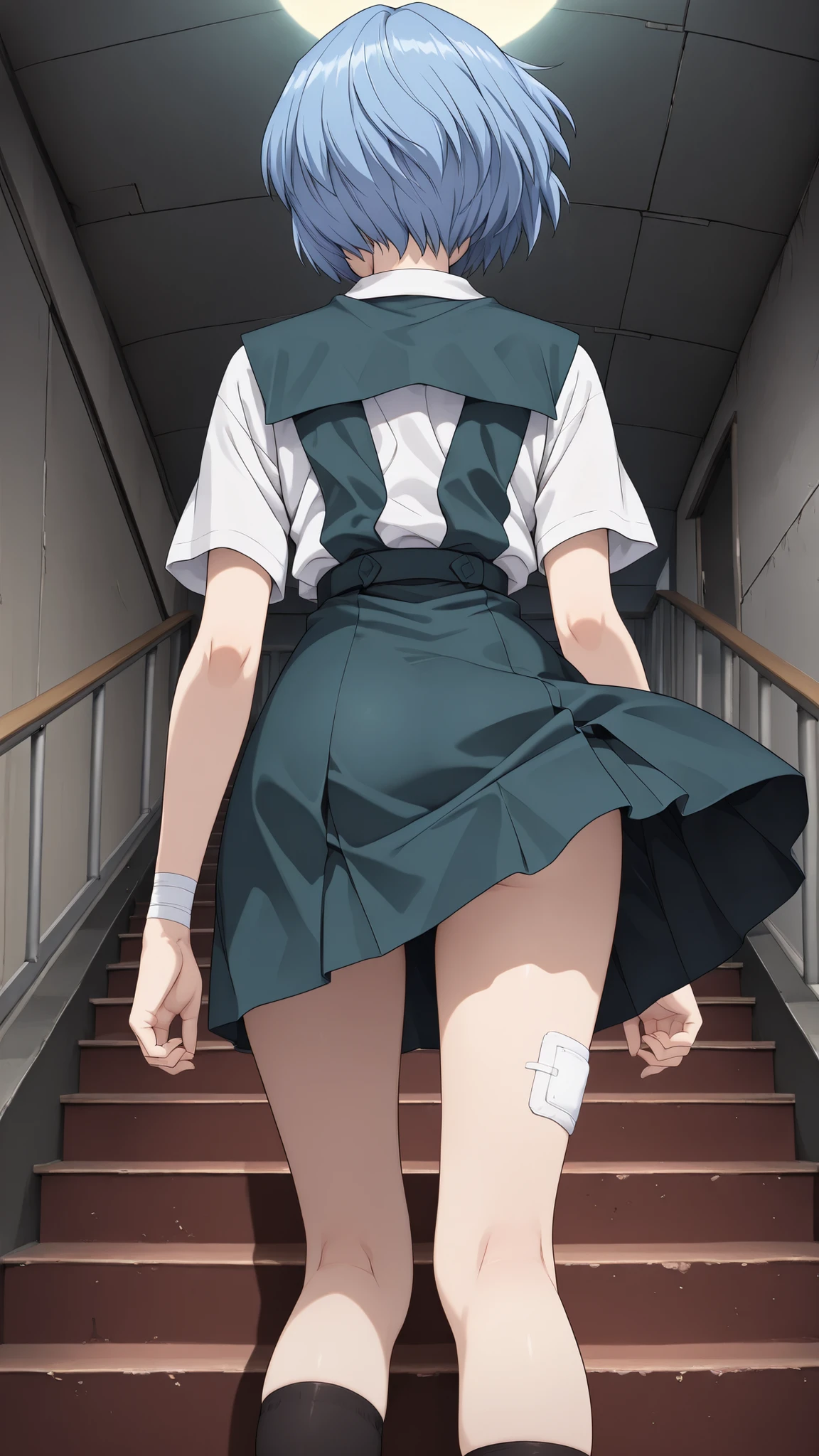  cinematic, (masterpiece), (Highest Quality), (Super Detailed), very aesthetic, illustration, realistic illustration, Perfect configuration, complicated details, super high resolution, detailed face, (anime, masterpiece, complicated:1.3), (Highest Quality, high resolution texture, very detailed:1.2), (4K),(incredibly detailed:1.4),DETAIL EYES,   Real Shadow,  1girl,Ayanami Rei from below, (school uniform,bandage,)
 stairs,Back view、angle from below、skirt flips up、,moonlight,1980’s anime style, ,effect ,(show The Dark Knight:1.3)、skirt fluttering、wind lift skirt