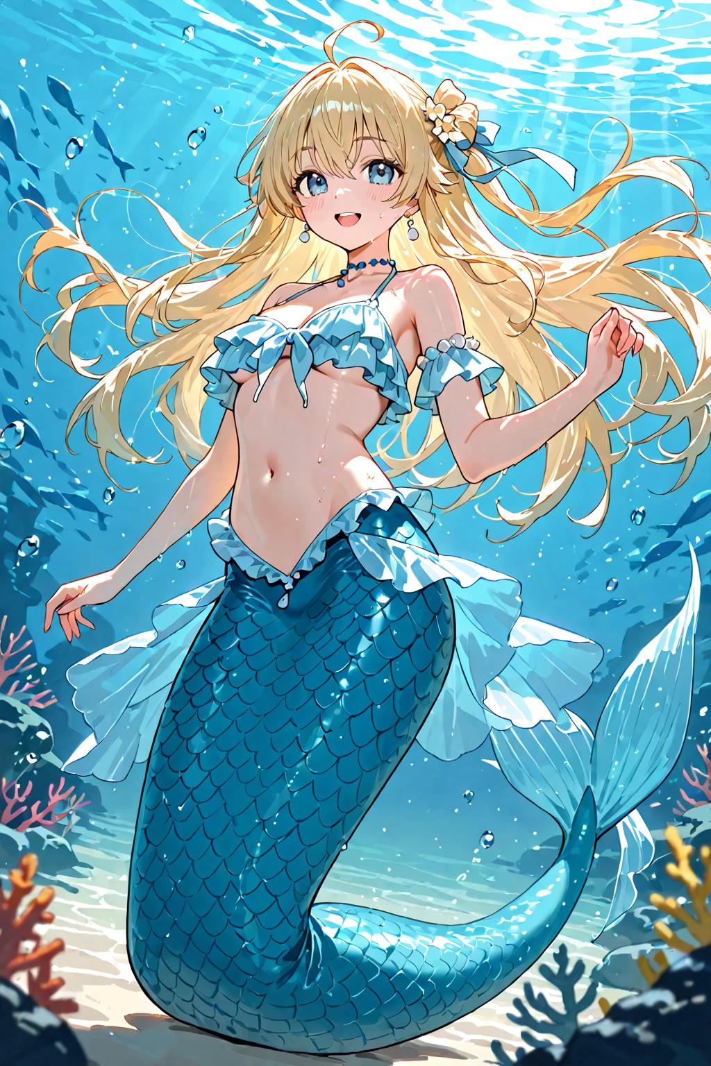 (masterpiece:1.2, best quality), 1milf, solo, upper body, long hair
Mermaid singer, seashell dress with pearls and seaweed, harp with strings made of coral, enchanted voice with a siren's call, coral reef with a secret grotto, underwater cave with a hidden treasure