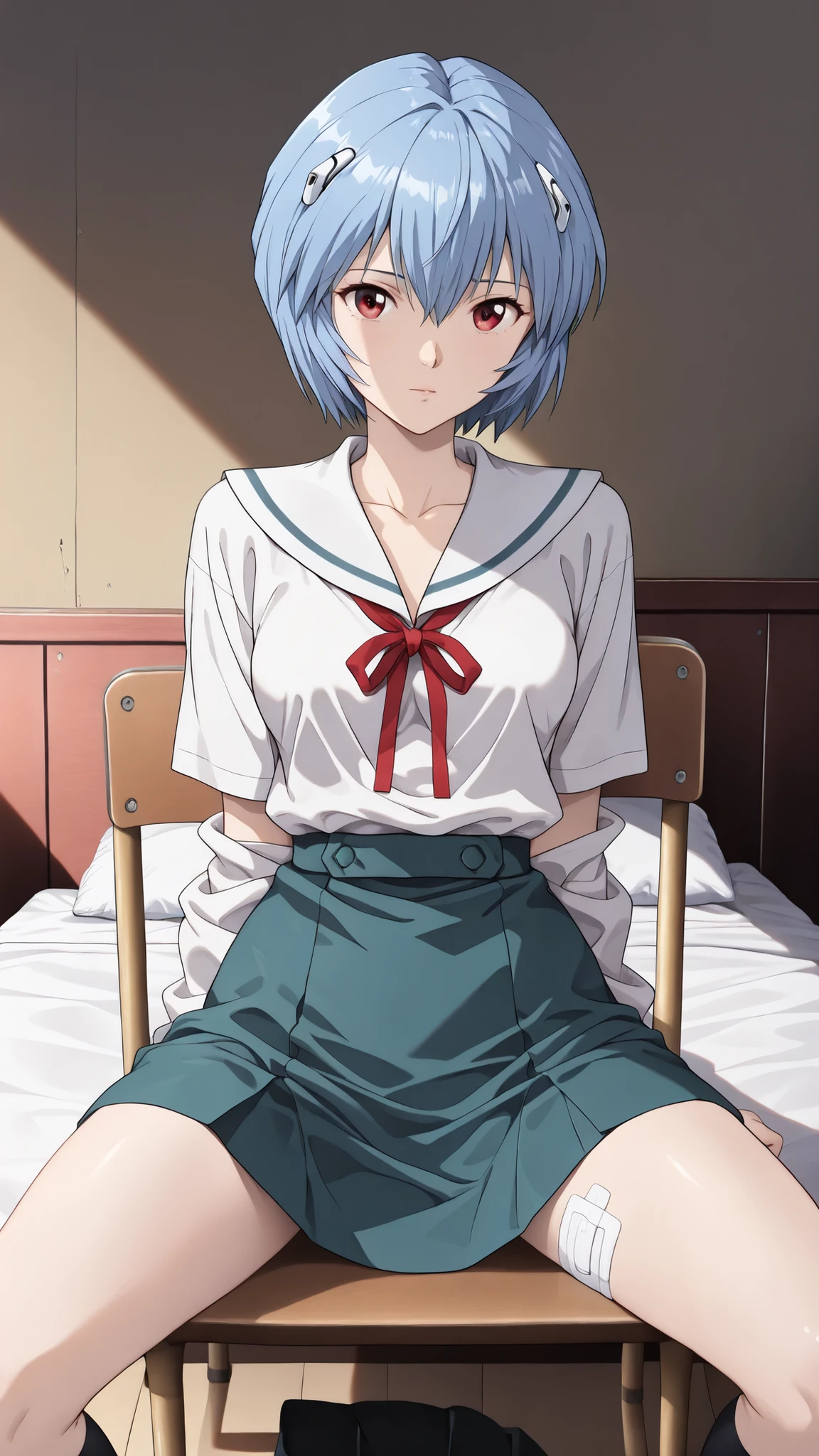 cinematic, (masterpiece), (Highest Quality), (Super Detailed), very aesthetic, illustration, realistic illustration, Perfect configuration, complicated details, super high resolution, detailed face, (anime, masterpiece, complicated:1.3), (Highest Quality, high resolution texture, very detailed:1.2), (4K),(incredibly detailed:1.4),DETAIL EYES, Real Shadow, 1girl,Ayanami Rei from below, (school uniform,bandage,)
bright room、sit on a chair、cross your legsいる、,moonlight,1980’s anime style, ,effect ,(show The Dark Knight:1.3)、sit on a chair、cross your legs、open 、cowgirl position, open legs, on bed、undressing、A woman is grabbed by the chest from behind by a man