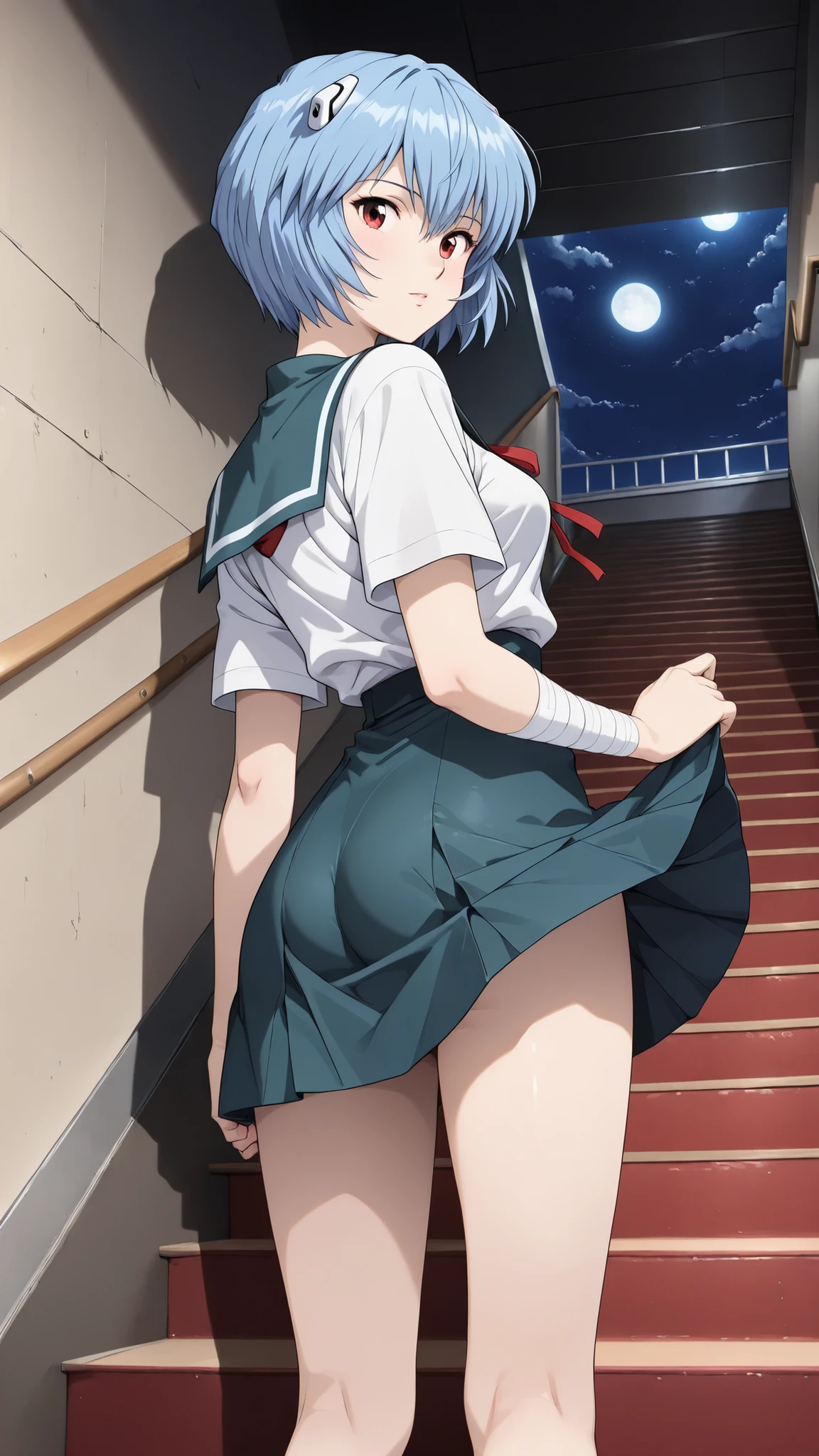 cinematic, (masterpiece), (Highest Quality), (Super Detailed), very aesthetic, illustration, realistic illustration, Perfect configuration, complicated details, super high resolution, detailed face, (anime, masterpiece, complicated:1.3), (Highest Quality, high resolution texture, very detailed:1.2), (4K),(incredibly detailed:1.4),DETAIL EYES, Real Shadow, 1girl,Ayanami Rei from below, (school uniform,bandage,)
stairs,Back view、angle from below、skirt flips up、,moonlight,1980’s anime style, ,effect ,(show The Dark Knight:1.3)、skirt fluttering、wind lift skirt