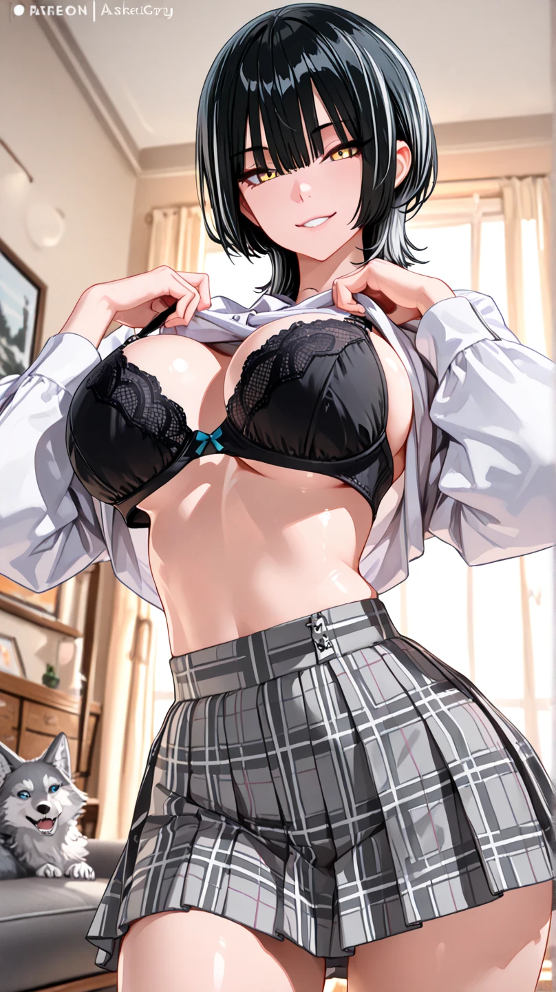 <lora:hews:0.7>, underwear, clothes_lift, 1girl, bra, breasts, lifted_by_self, skirt, black_hair, navel, skirt_lift, looking_at_viewer, yellow_eyes, cleavage, masterpiece, best quality,