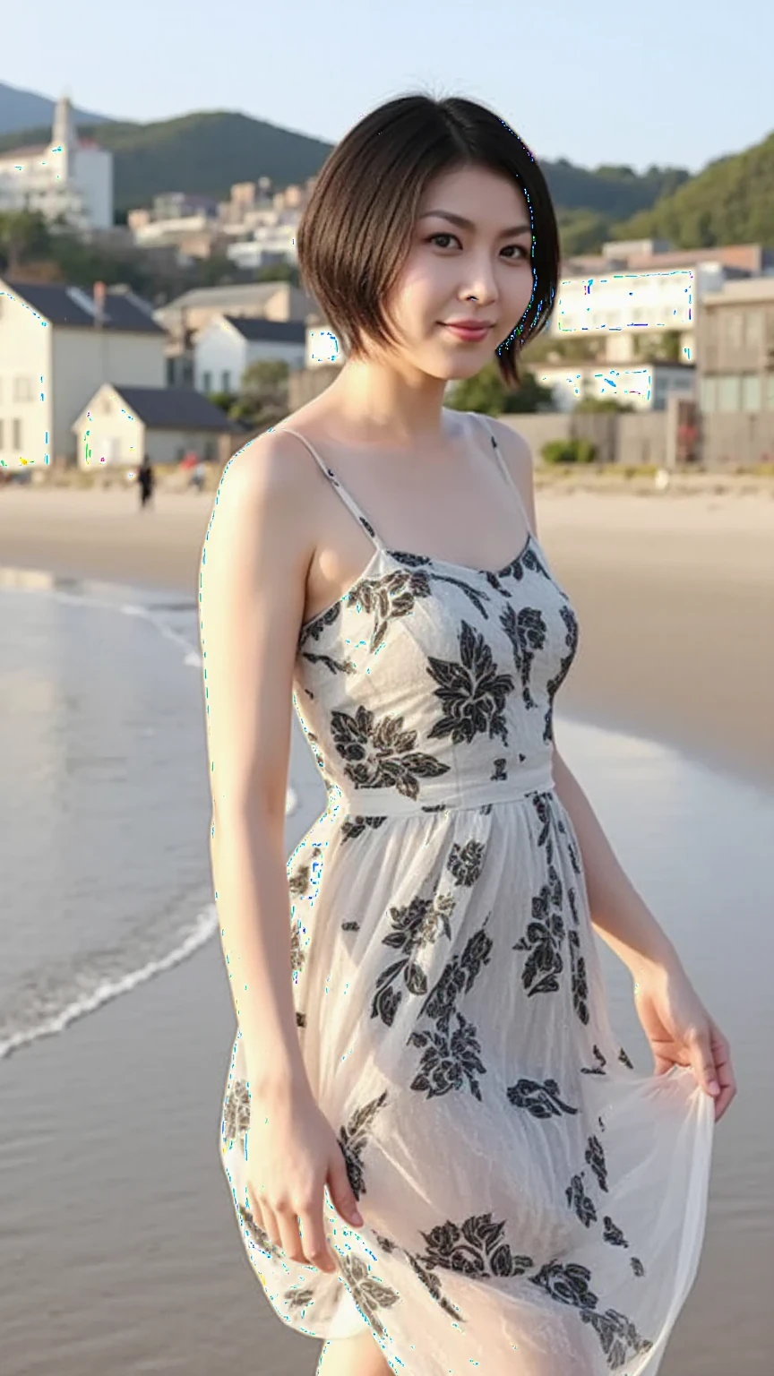 Art photography, tv_Yvette_Monreal_A_V1, ,(((wearing a floral print sundress))), standing, full body shot, eyeliner, beach, flirting with the camera, walking toward the camera,, epiCRealism, epiCPhoto,, wrinkles:0.2, pores:0.2, Masterpiece, Best Quality, ultrarealistic photography, real life, colorful, amazing, perfect lighting, bright colors, dramatic, dynamic, cinematic lighting, hyperrealism, intricate details, epic,