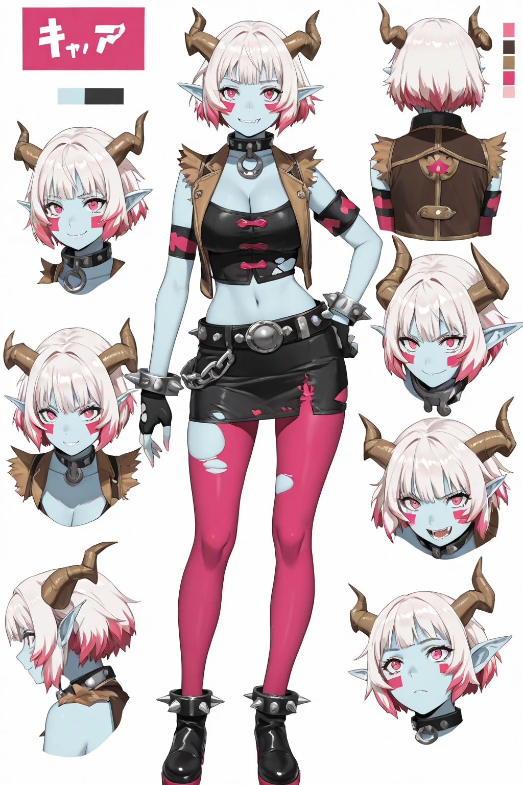 ((best quality)), ((highly detailed)), masterpiece, absurdres, detailed face, beautiful face, (detailed eyes, deep eyes), <lora:more_details:.5>, (1girl), <lora:CharacterDesign_Concept:.7>, (CharacterSheet:1), (multiple views, full body, upper body, reference sheet:1), full body, ((dark elf)), black hair, long hair, (wavy hair), red eyes, ((<lora:ColoredSkin:.4>, colored skin, grey skin:1.3)), medium breasts, (evil grin), ((unzipped, collarbone, navel, leather catsuit, leather thigh boots)), (inside, in a gymnasium), <lora:JS_Cartoon_DF_Style_V2:.95>, JS_DFStyle, cartoon style, (sharp corners, sharp body angles, pointed chin, round eyes, big head, bright colors, outline)