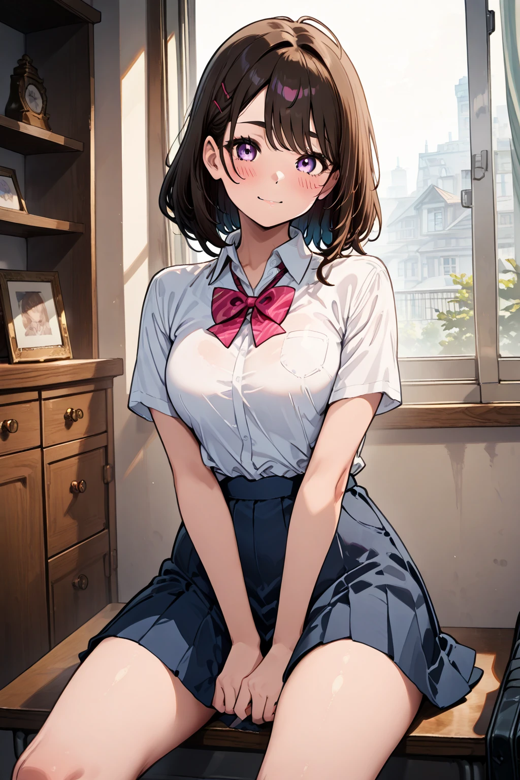 (Highest quality, High resolution, Masterpiece, 4K), (Soft light、Luster of hair、Beautiful eyes)、young woman、The whole body is visible、Adorable smile、 ((Wavy medium short hair, bangs, Chestnut Hair)), ((Wistful eyes、Gray Eyes, Perfect Eyes)), ((Detailed face, blush:1.1)), ((Smooth texture:0.75, Realistic texture:0.65, Realistic:1.1, Anime CG Style)),Medium chest、Dynamic Angle、A body with just the right amount of flesh、(Sexy thighs、I see beautiful legs)、(Purple cardigan、Checkered Skirt)、Earrings、Angle from the front、Peeking into this、The hem of the top is visible、Angle from below、Meeting up for a date、Office Desk、Room with curtains、Dark Wallpaper、Dreamy eyes++