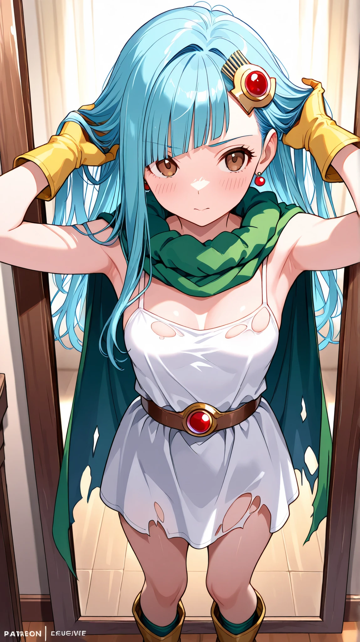 masterpiece、looking in the mirror、Comb Your Hair、Let's fix the hairstyle with、 in the mirror、Professional Lighting、 diagonal bangs、 Bright Blue Hair 、20 years old、masterpiece, Highest Quality, Super Detailed, Dragon Quest III: Wise Woman 、Long Hair,, A red jewel inside a dungeon with a room of mirrors、 brown eyes,small breasts, Yellow Gloves, white dress, belt,emerald green cape, boots、(torn clothes:1.5)、accentuate cleavage